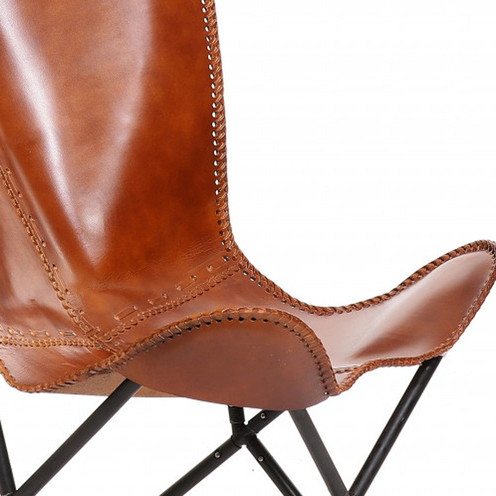 32" Brown and Black Genuine Leather Butterfly Chair Homeroots Living Room