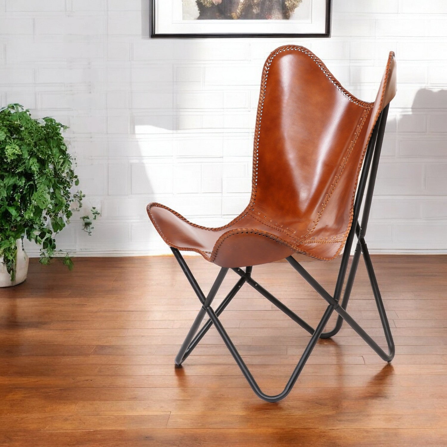 32" Brown and Black Genuine Leather Butterfly Chair Homeroots Living Room