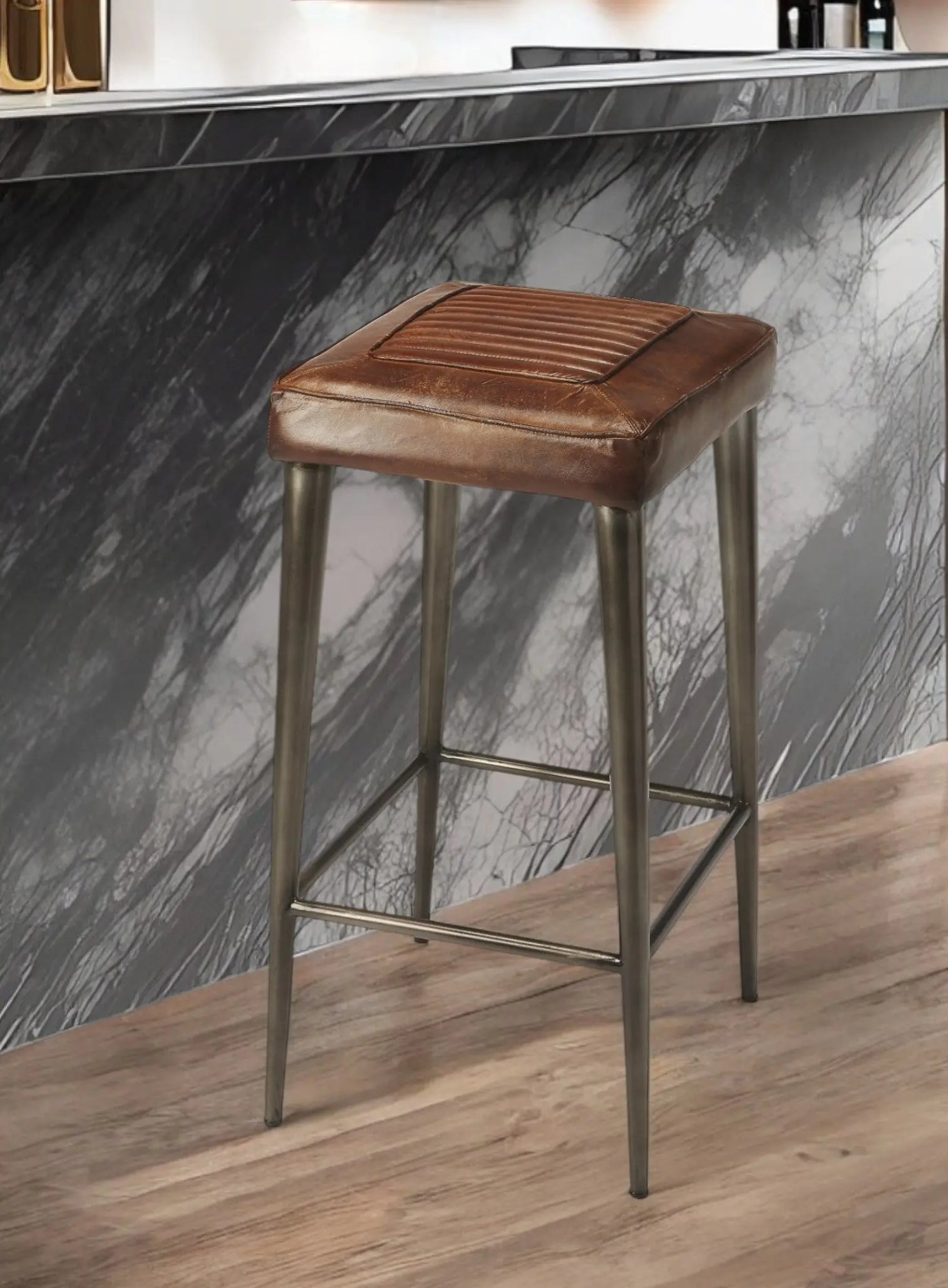 32" Brown and Gray Manufactured Wood and Iron Backless Counter Height Bar Chair Homeroots Living Room