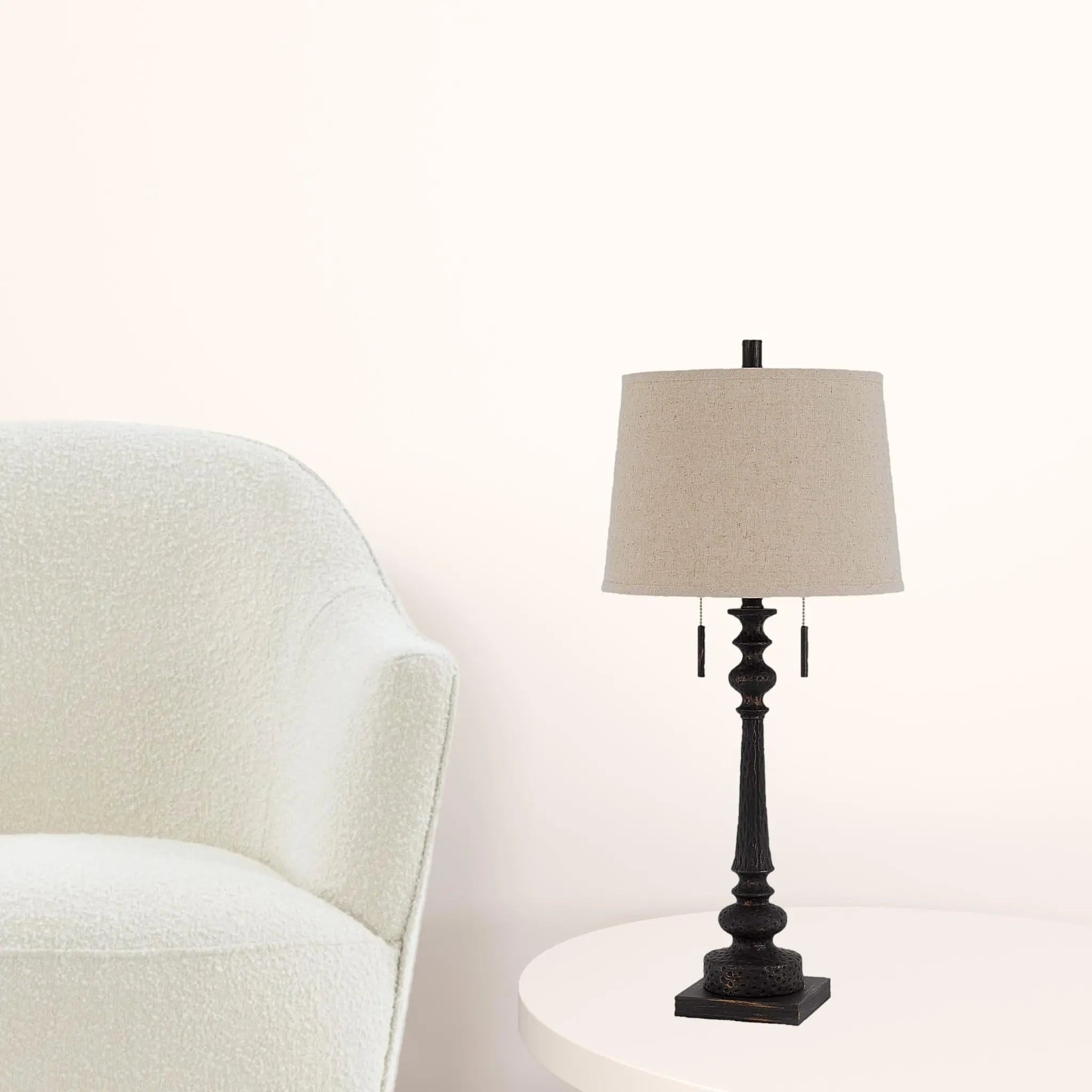 32" Charcoal Two Light Table Lamp With Tan Drum Shade Homeroots Lighting