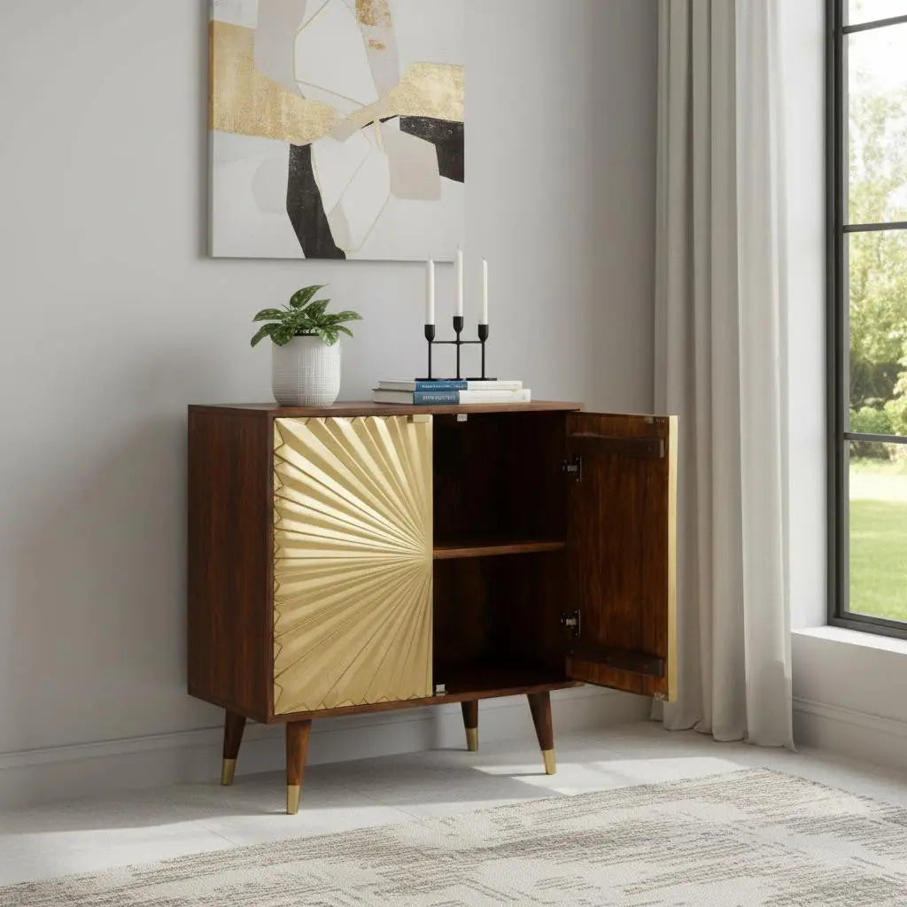 32" Chestnut and Gold Solid Wood Textured Door Accent Cabinet With Two Doors Homeroots Kitchen & Dining