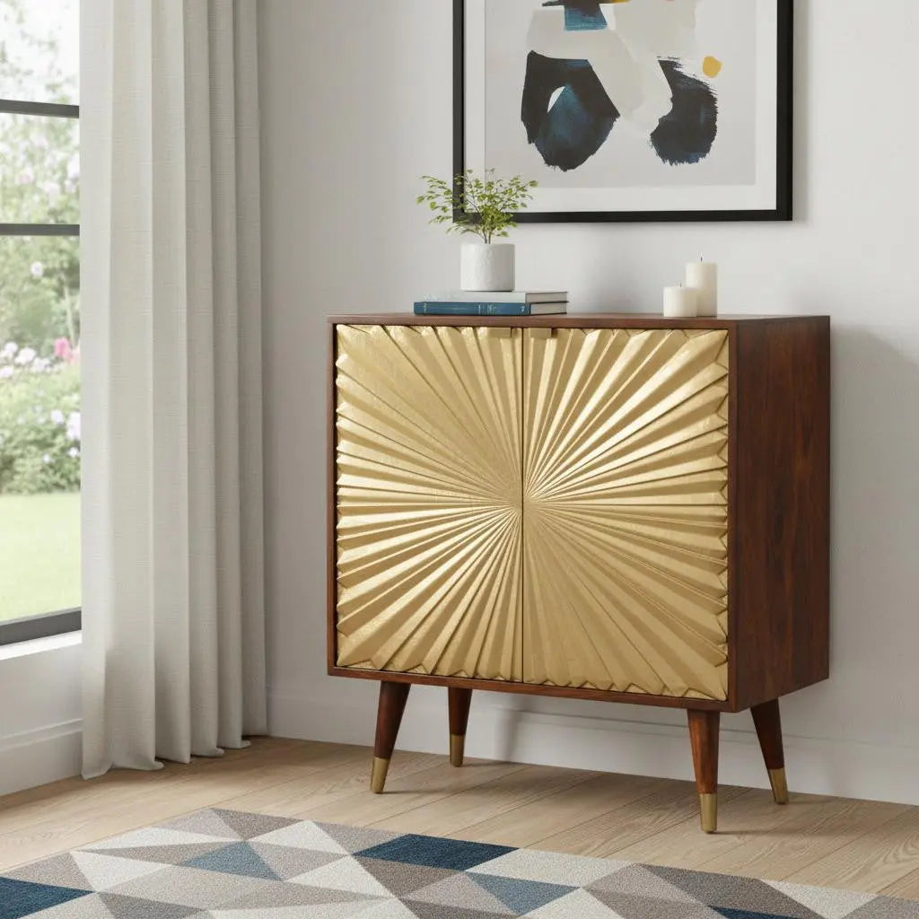 32" Chestnut and Gold Solid Wood Textured Door Accent Cabinet With Two Doors Homeroots Kitchen & Dining