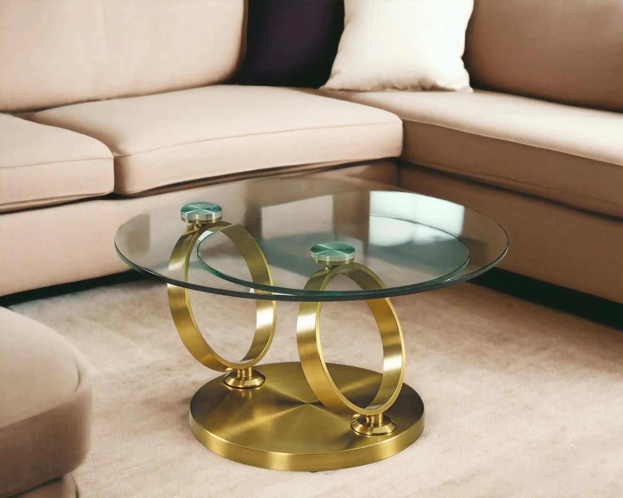 32" Clear And Gold Glass And Metal Round Abstract Coffee Table Homeroots Living Room