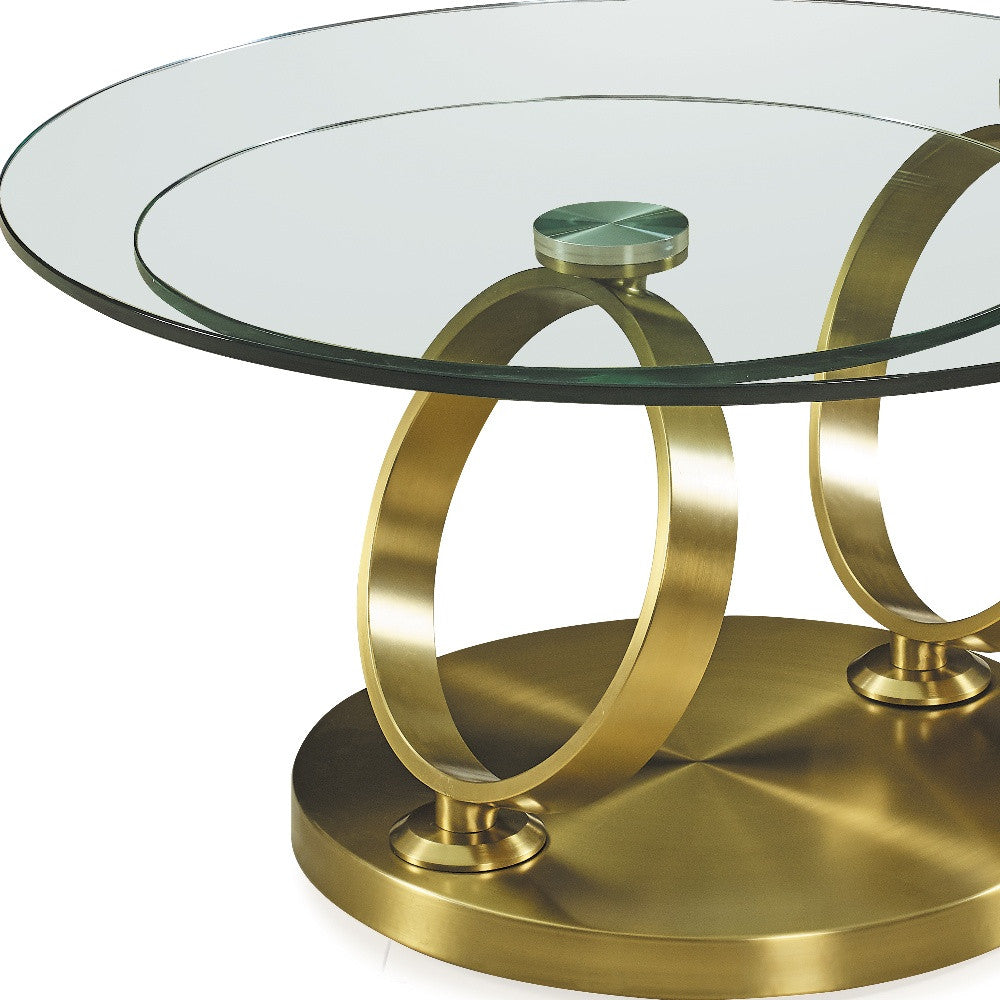 32" Clear And Gold Glass And Metal Round Abstract Coffee Table Homeroots Living Room
