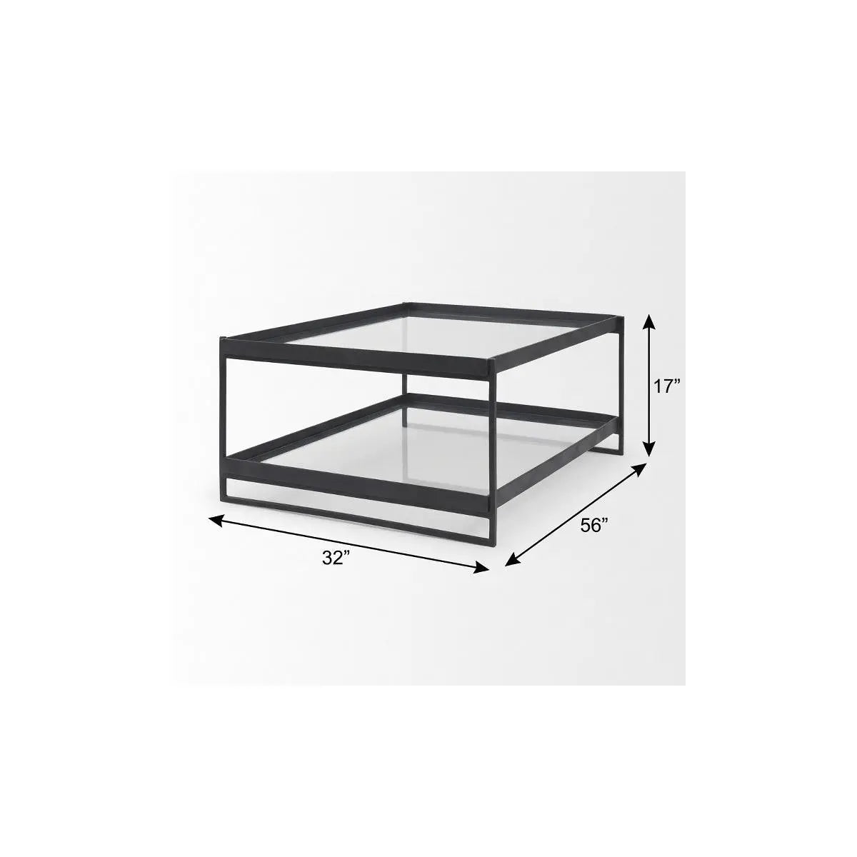 32" Clear and Black Mirrored Glass and Iron Sled Coffee Table With Two Shelves Homeroots Living Room