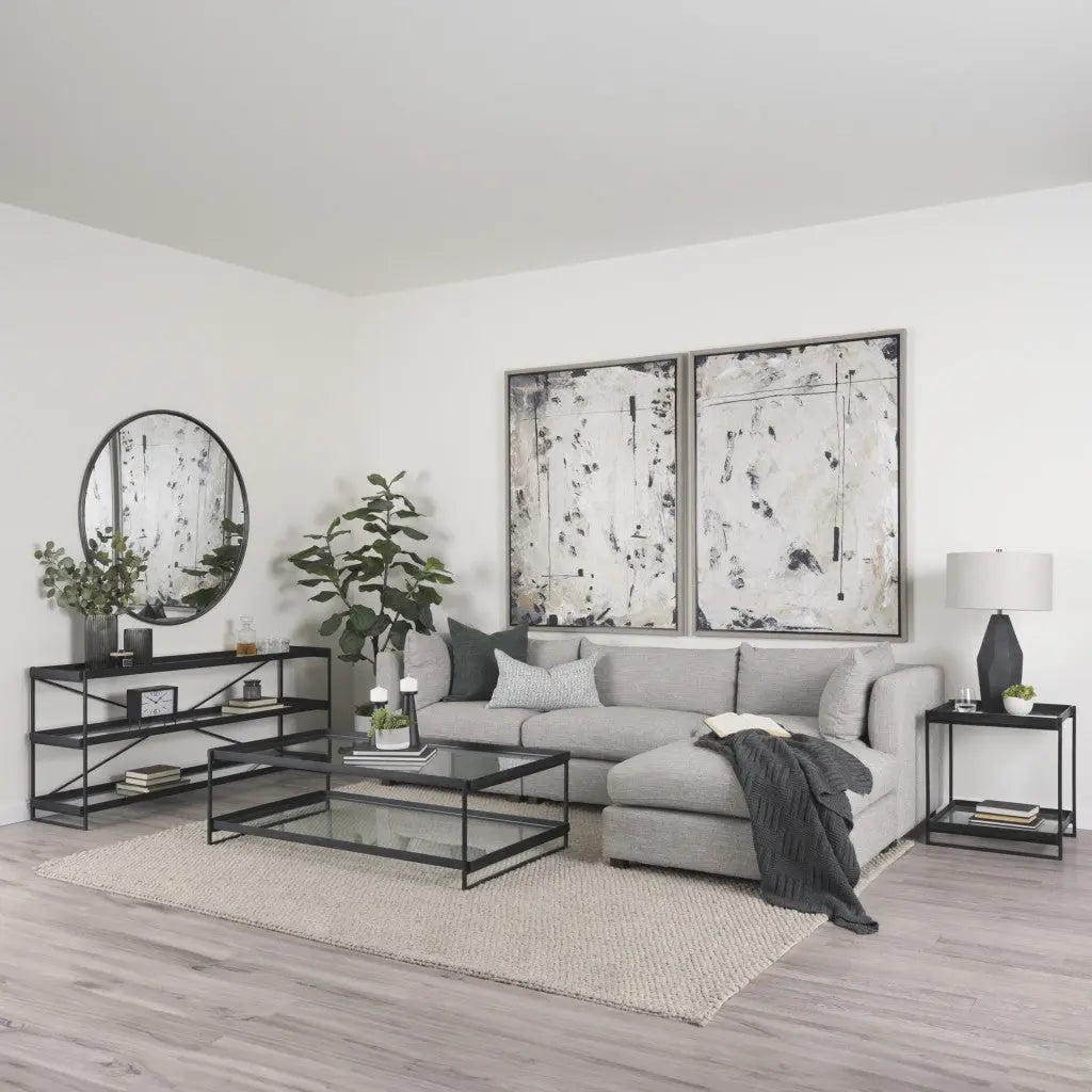 32" Clear and Black Mirrored Glass and Iron Sled Coffee Table With Two Shelves Homeroots Living Room