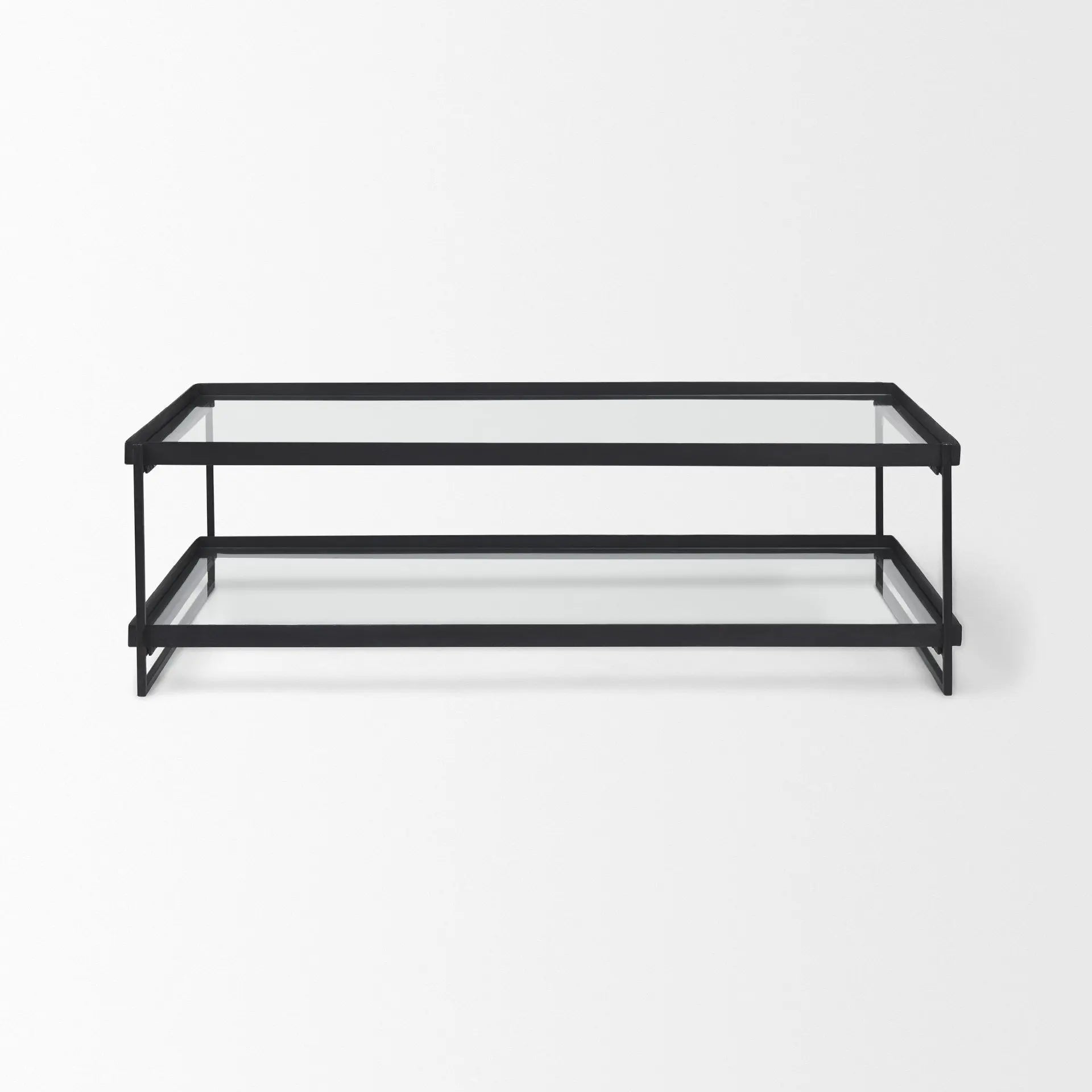 32" Clear and Black Mirrored Glass and Iron Sled Coffee Table With Two Shelves Homeroots Living Room