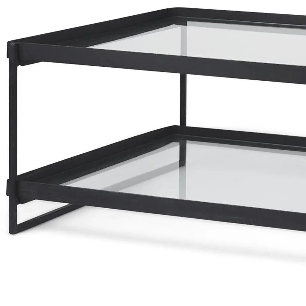 32" Clear and Black Mirrored Glass and Iron Sled Coffee Table With Two Shelves Homeroots Living Room