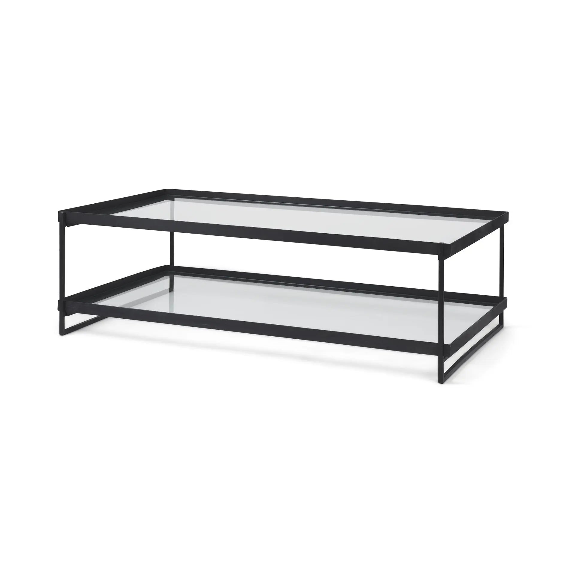 32" Clear and Black Mirrored Glass and Iron Sled Coffee Table With Two Shelves Homeroots Living Room