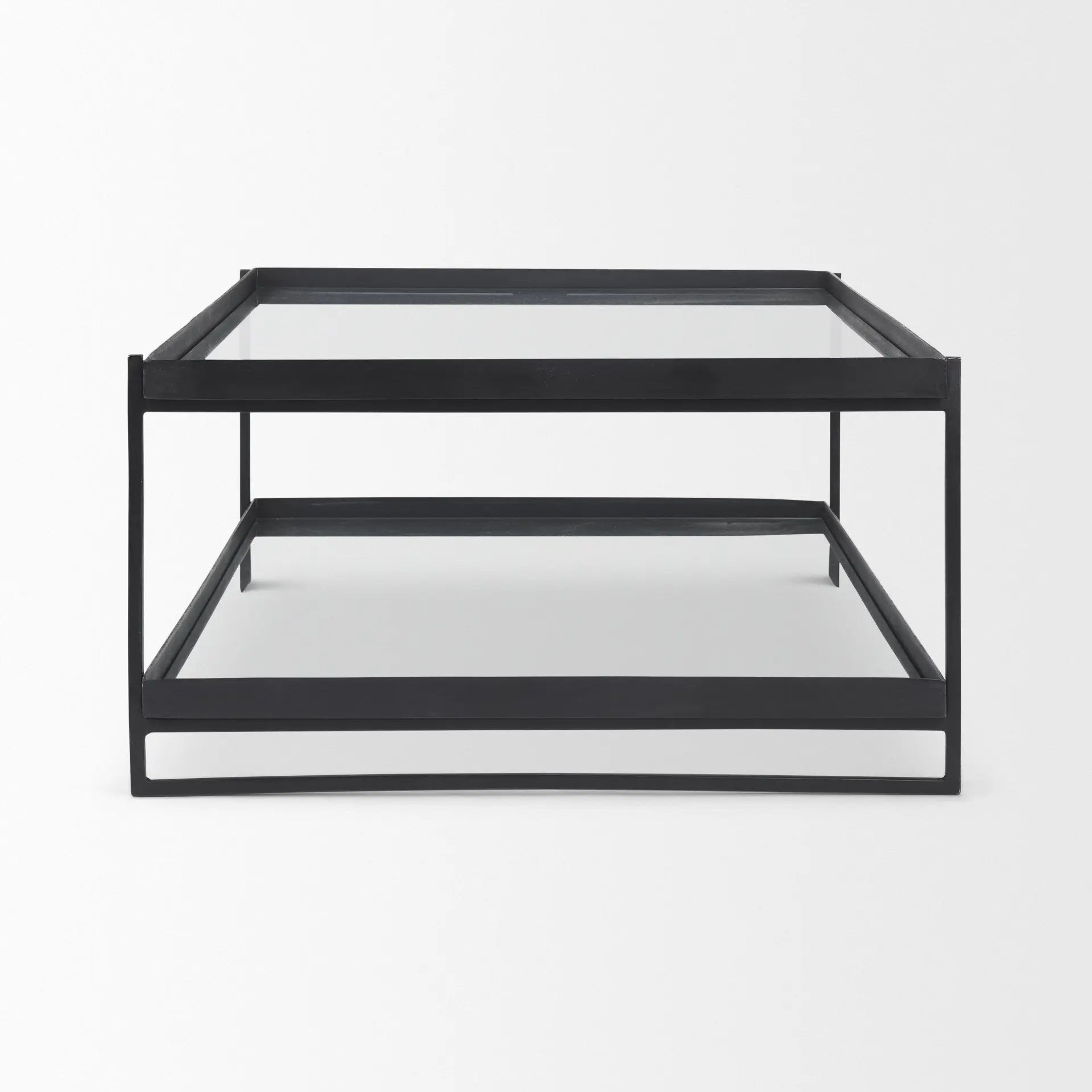 32" Clear and Black Mirrored Glass and Iron Sled Coffee Table With Two Shelves Homeroots Living Room