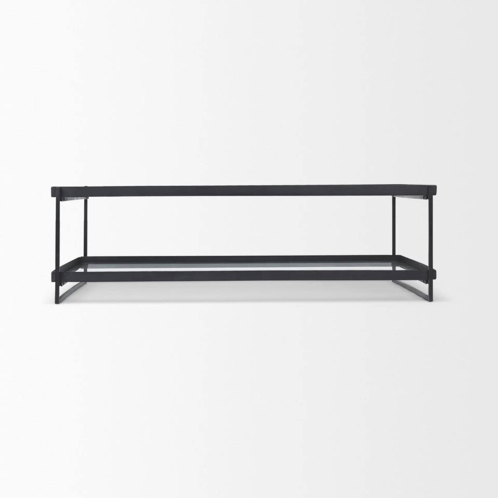 32" Clear and Black Mirrored Glass and Iron Sled Coffee Table With Two Shelves Homeroots Living Room