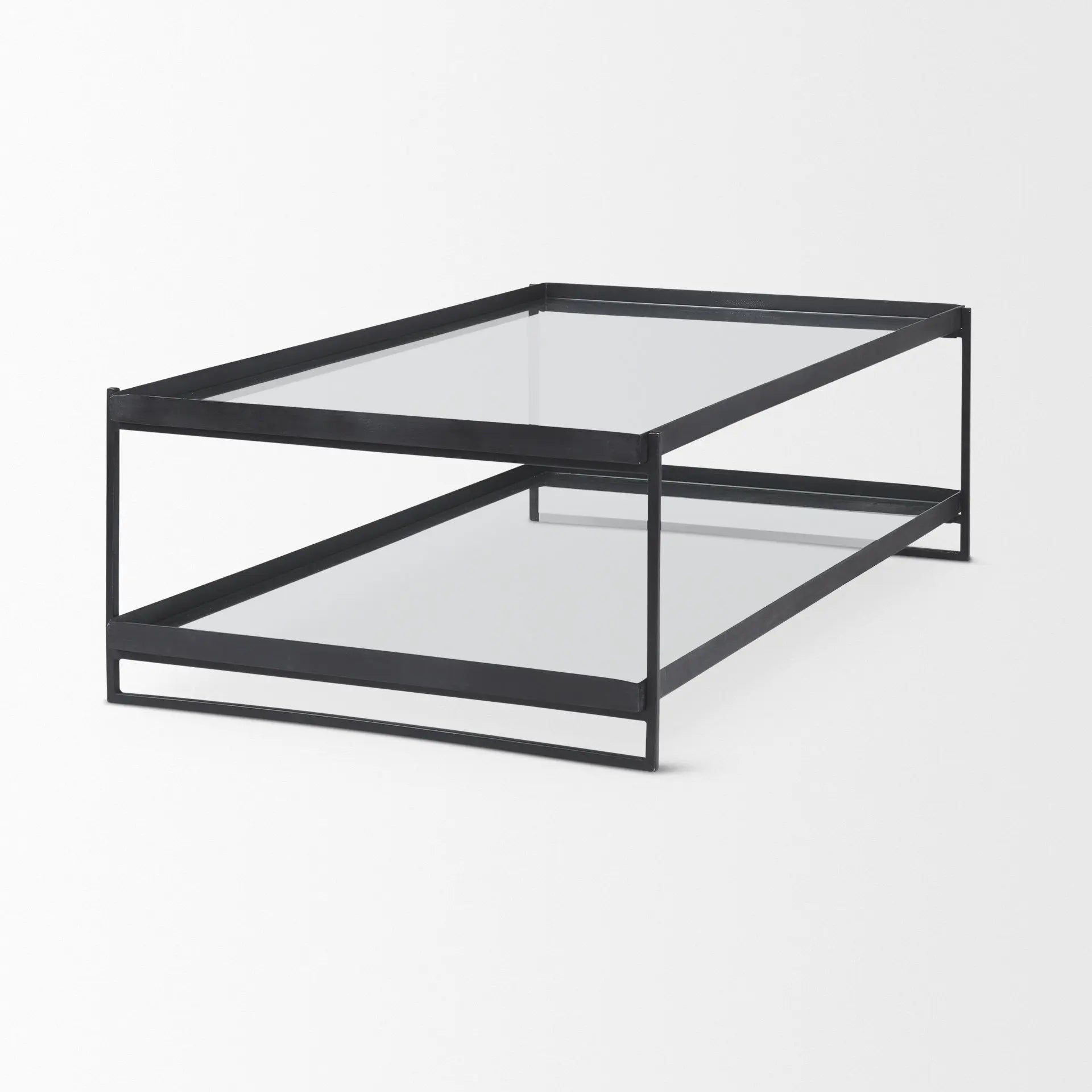 32" Clear and Black Mirrored Glass and Iron Sled Coffee Table With Two Shelves Homeroots Living Room