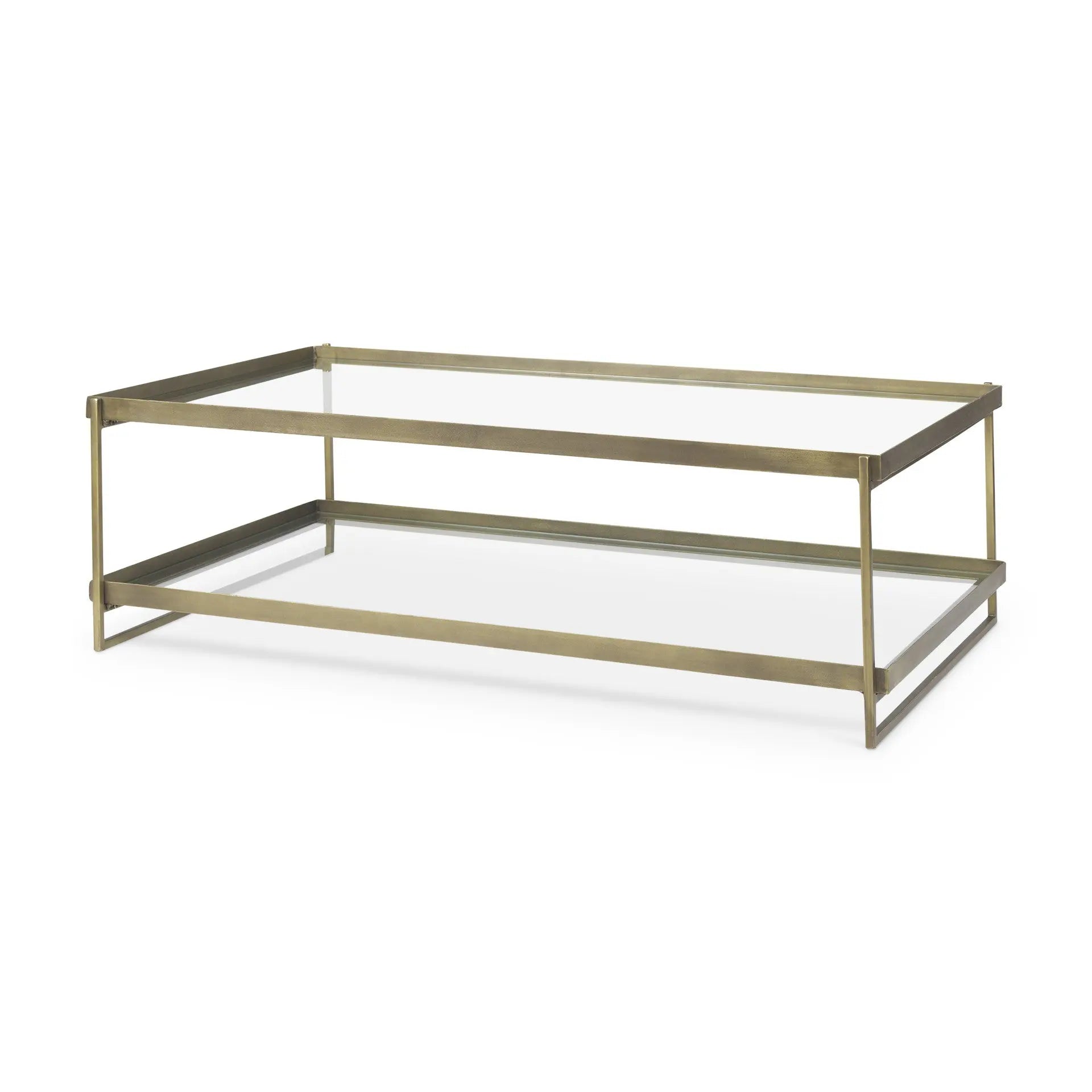 32" Clear and Gold Mirrored Glass and Iron Frame Coffee Table With Two Shelves Homeroots Living Room
