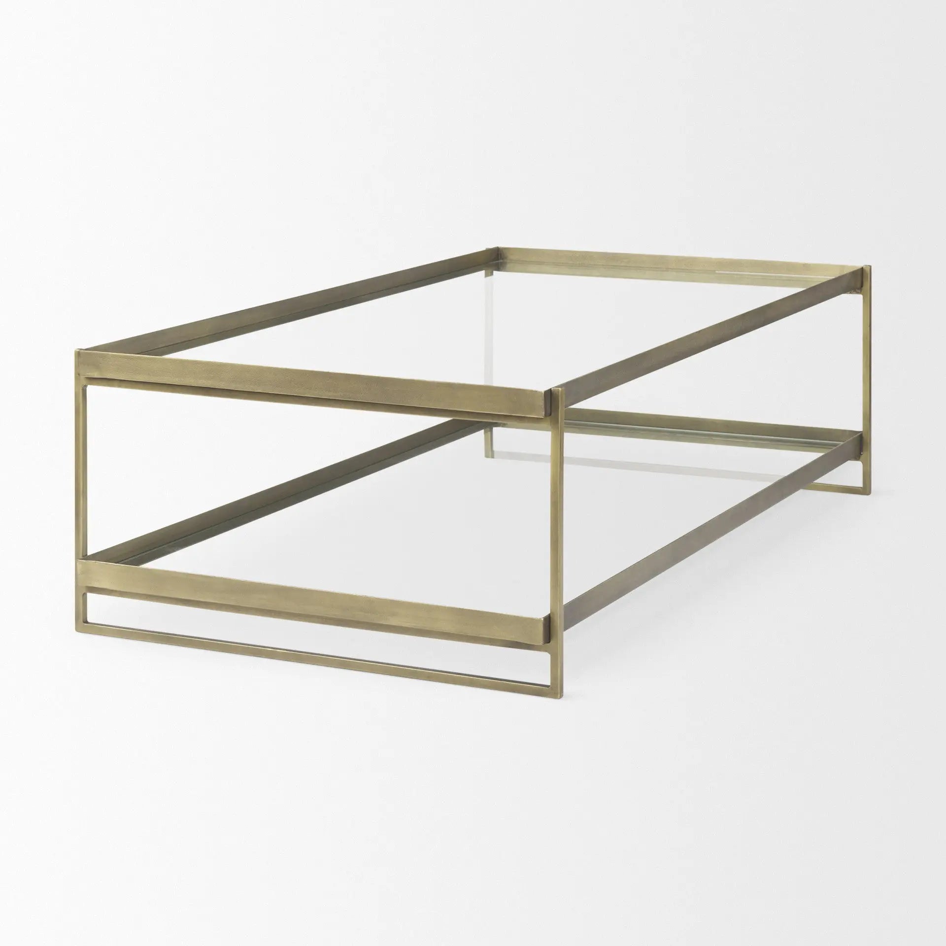 32" Clear and Gold Mirrored Glass and Iron Frame Coffee Table With Two Shelves Homeroots Living Room