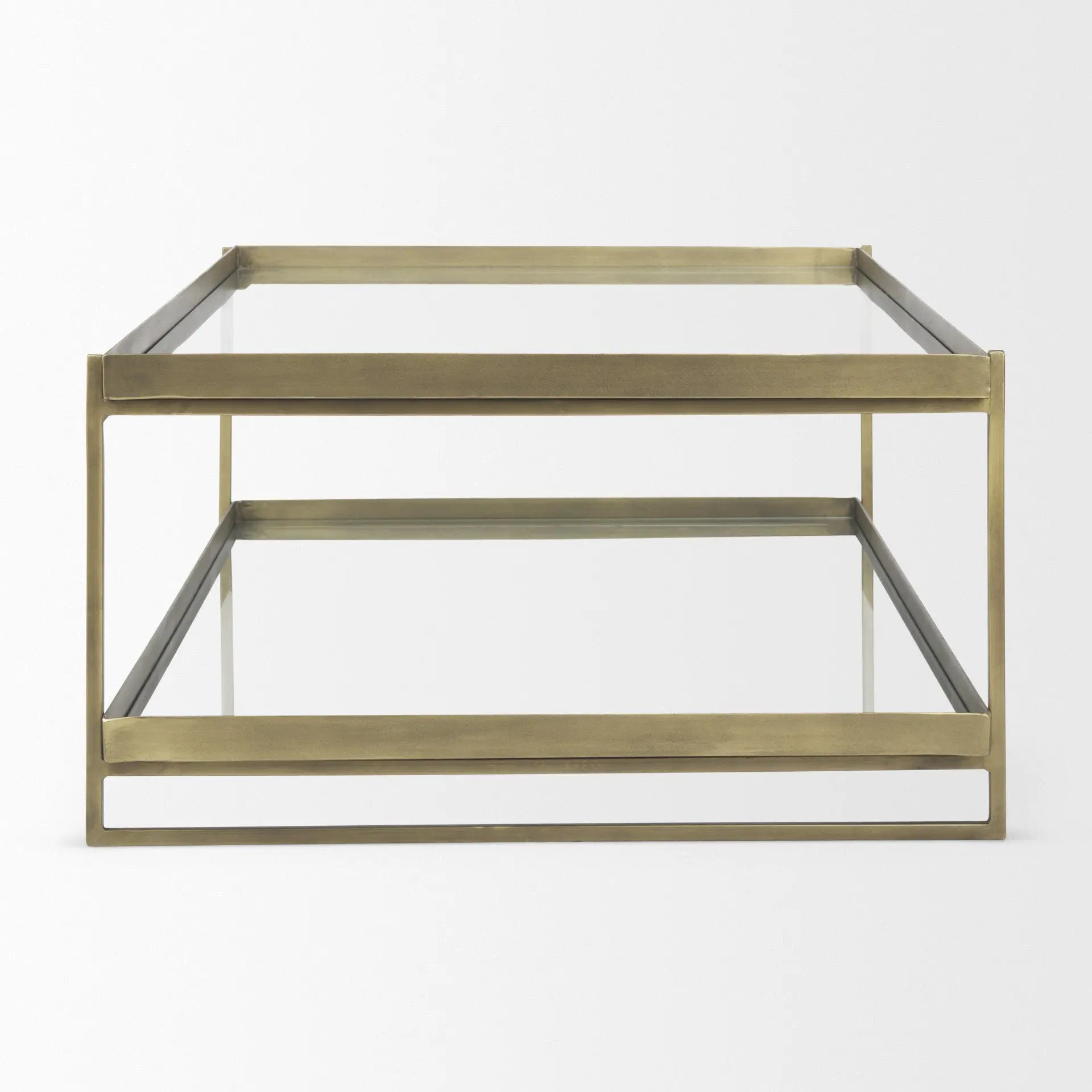 32" Clear and Gold Mirrored Glass and Iron Frame Coffee Table With Two Shelves Homeroots Living Room