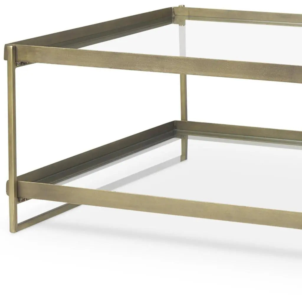 32" Clear and Gold Mirrored Glass and Iron Frame Coffee Table With Two Shelves Homeroots Living Room