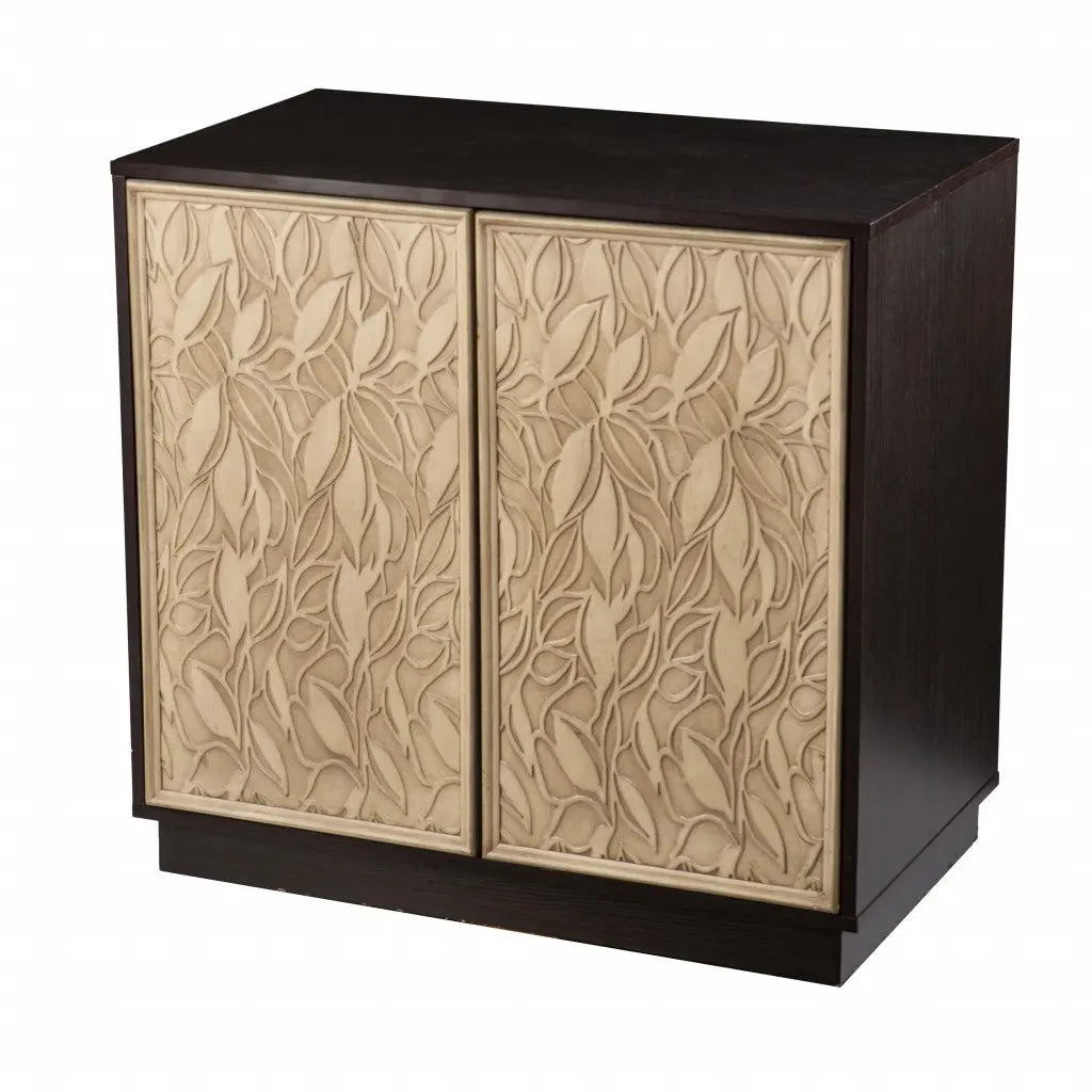 32" Dark Brown And Natural Carved Floral Sideboard with Two Doors Homeroots Kitchen & Dining