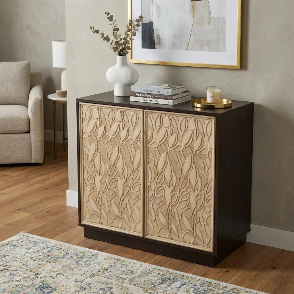 32" Dark Brown And Natural Carved Floral Sideboard with Two Doors Homeroots Kitchen & Dining