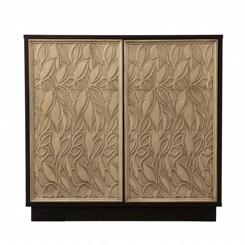 32" Dark Brown And Natural Carved Floral Sideboard with Two Doors Homeroots Kitchen & Dining