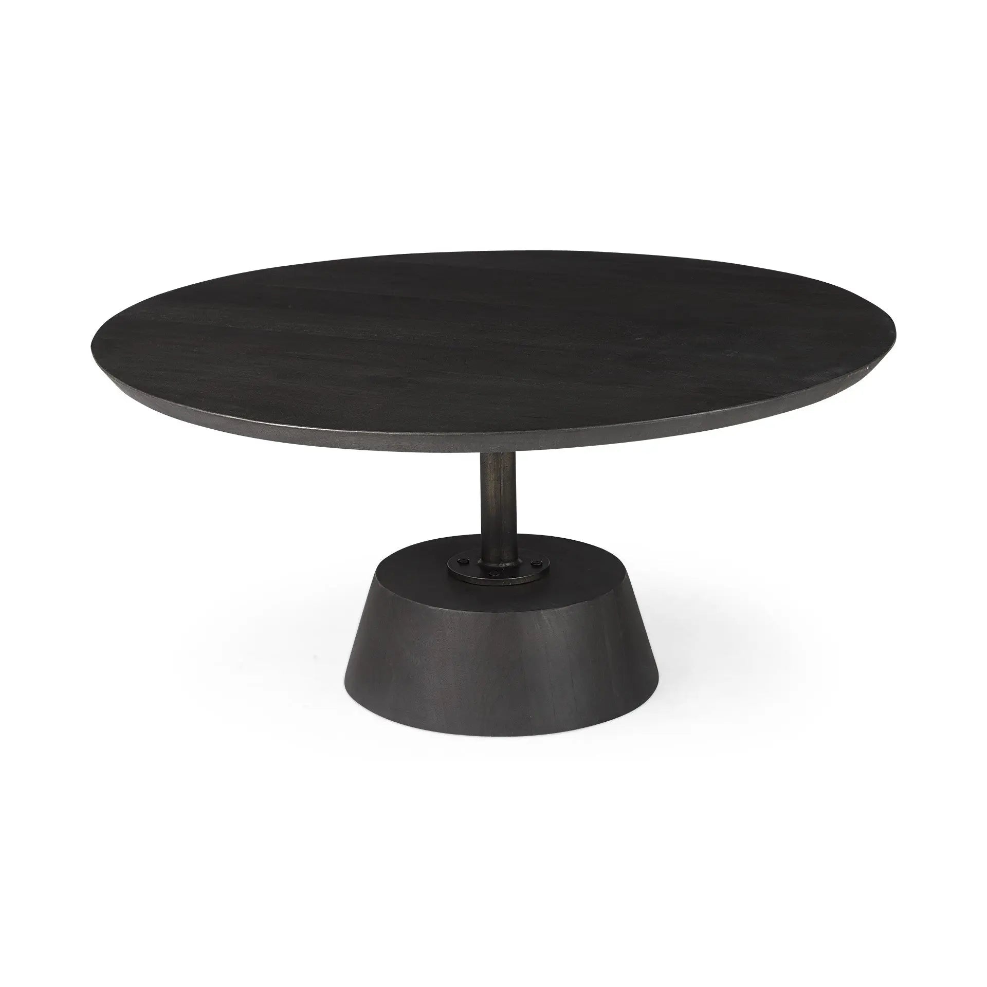 32" Dark Brown and Black Solid Wood and Iron Round Pedestal Coffee Table Homeroots Living Room