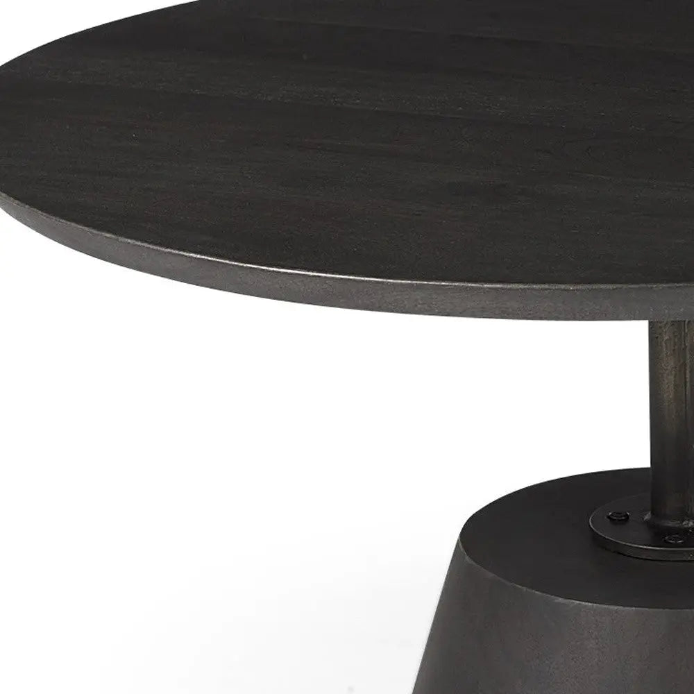 32" Dark Brown and Black Solid Wood and Iron Round Pedestal Coffee Table Homeroots Living Room
