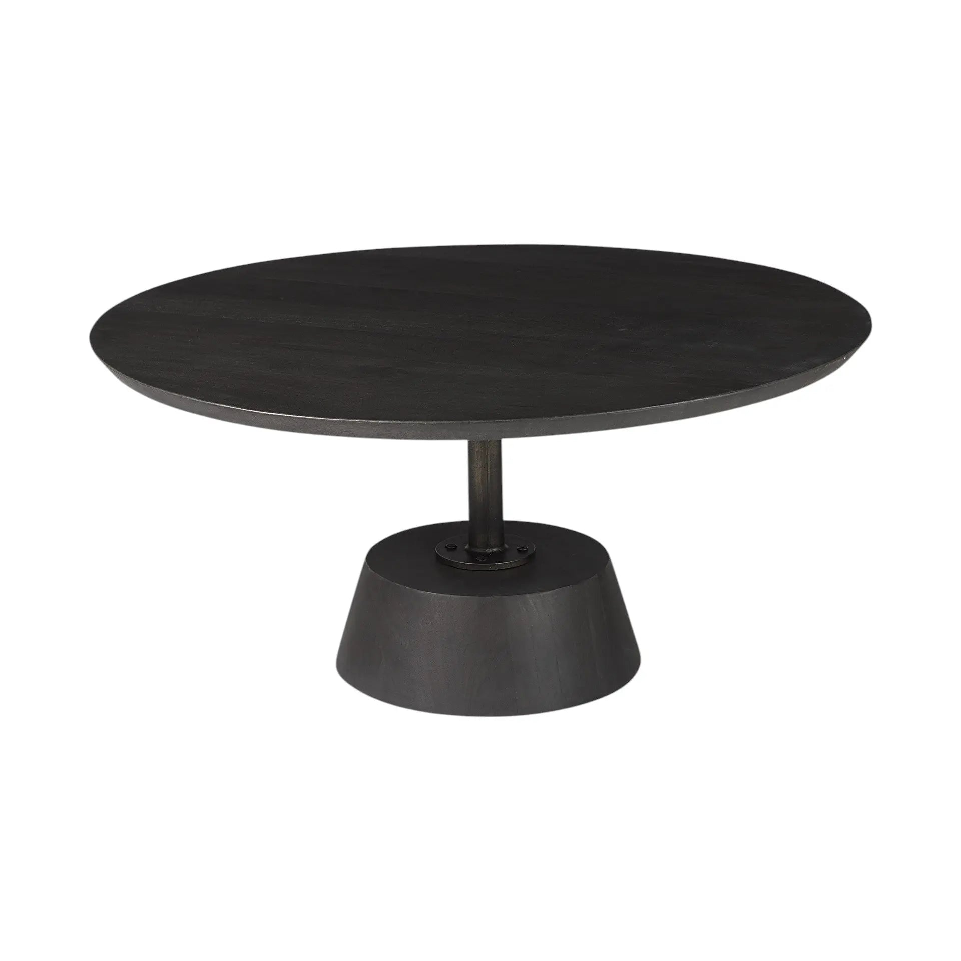 32" Dark Brown and Black Solid Wood and Iron Round Pedestal Coffee Table Homeroots Living Room