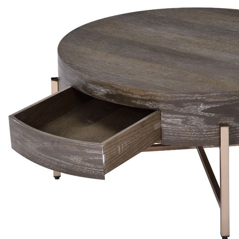 32" Dark Brown and Champagne Wood And Metal Round Sled Coffee Table With Drawer - GreatEagleInc