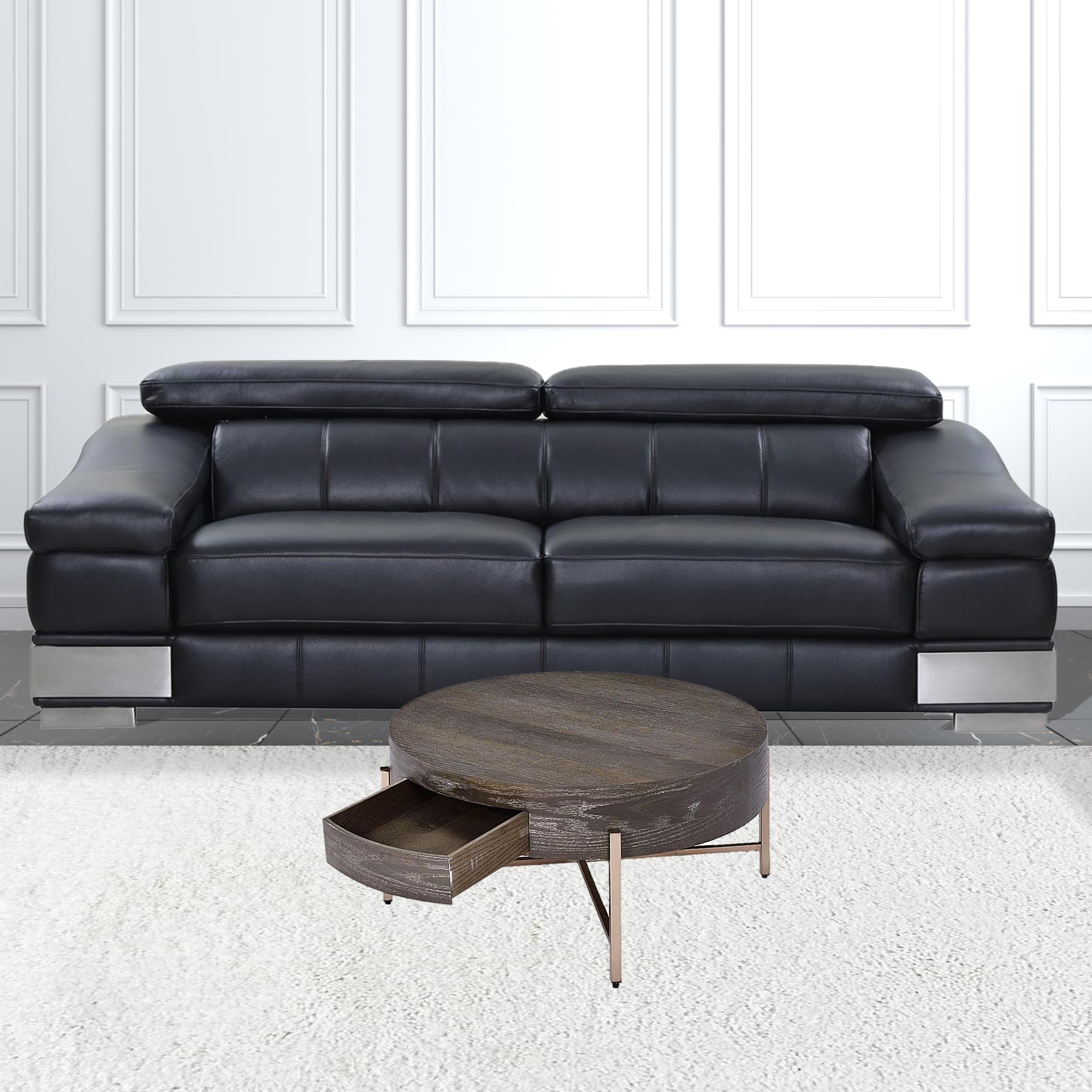 32" Dark Brown and Champagne Wood And Metal Round Sled Coffee Table With Drawer - GreatEagleInc