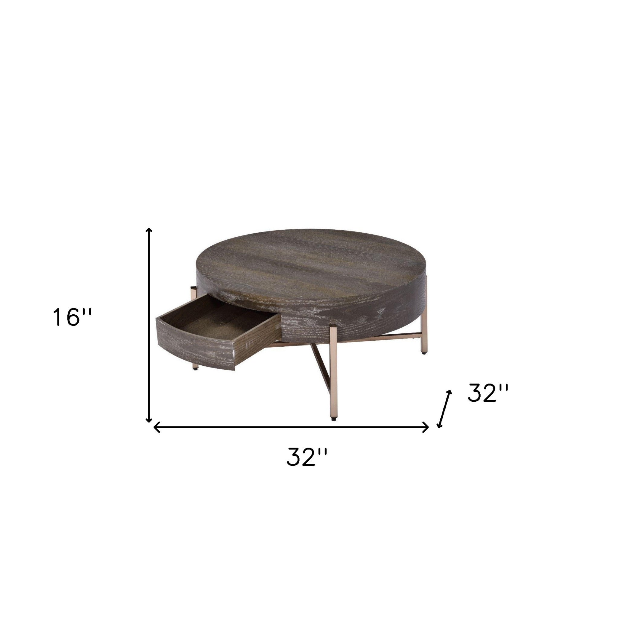 32" Dark Brown and Champagne Wood And Metal Round Sled Coffee Table With Drawer - GreatEagleInc