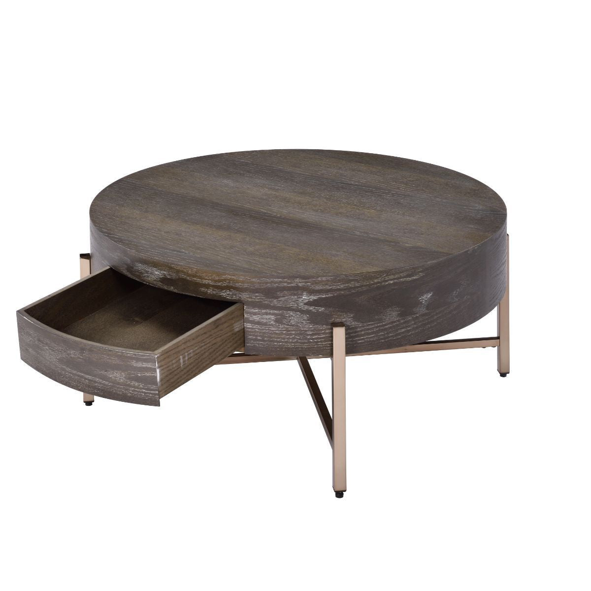 32" Dark Brown and Champagne Wood And Metal Round Sled Coffee Table With Drawer - GreatEagleInc