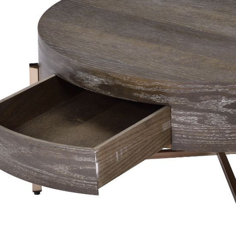 32" Dark Brown and Champagne Wood And Metal Round Sled Coffee Table With Drawer - GreatEagleInc