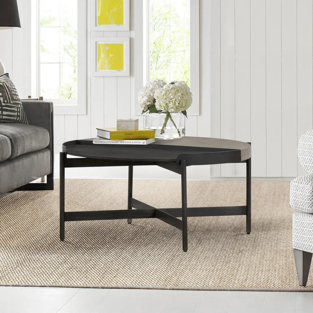 32" Gray And Black Concrete And Metal Round Coffee Table Homeroots Living Room