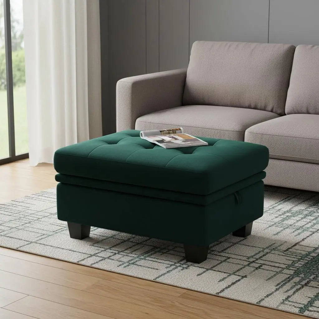 32" Green and Black Velvet Tufted Storage Ottoman Homeroots Living Room