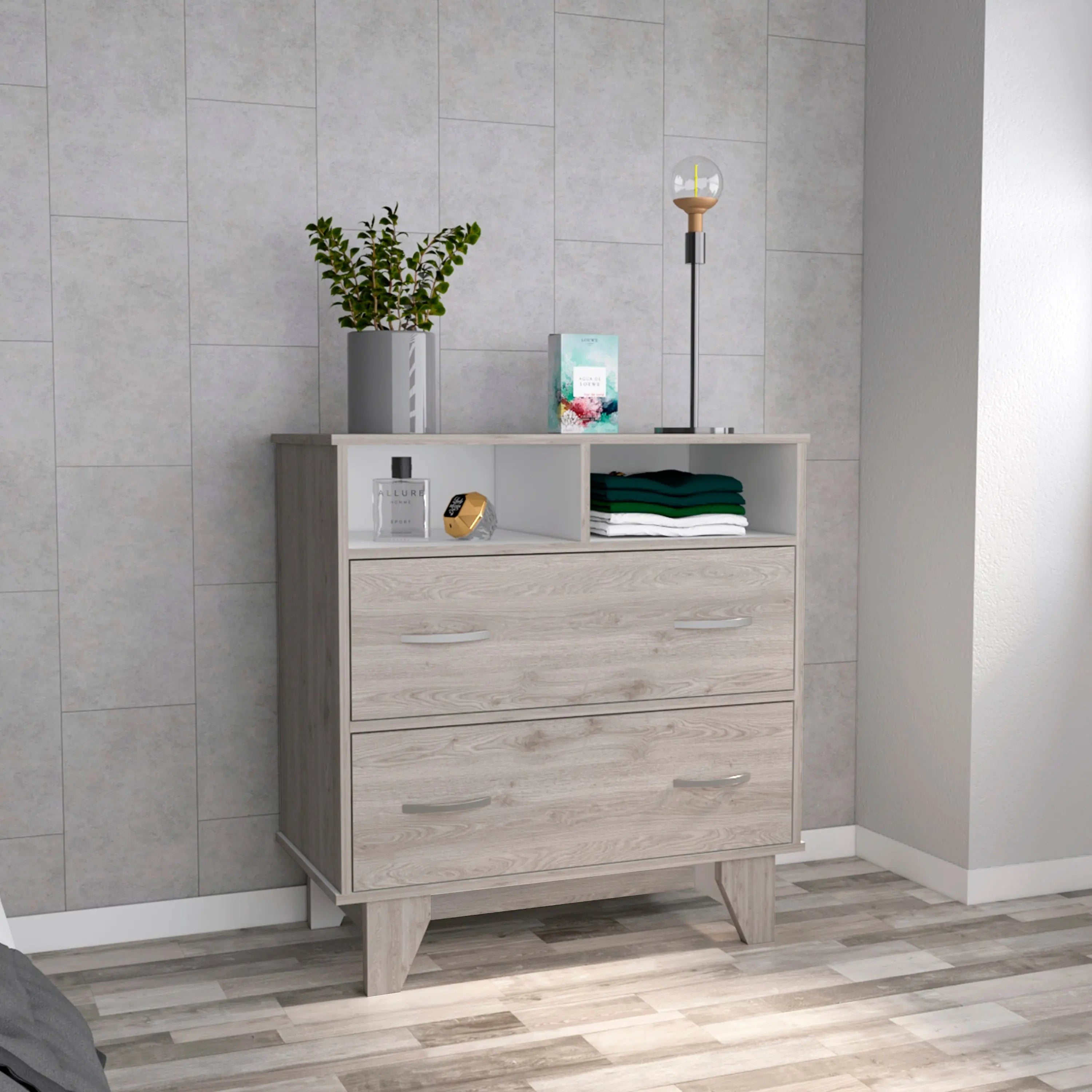 32" Light Gray Two Drawer Dresser With Open Shelving Homeroots Bed & Bath