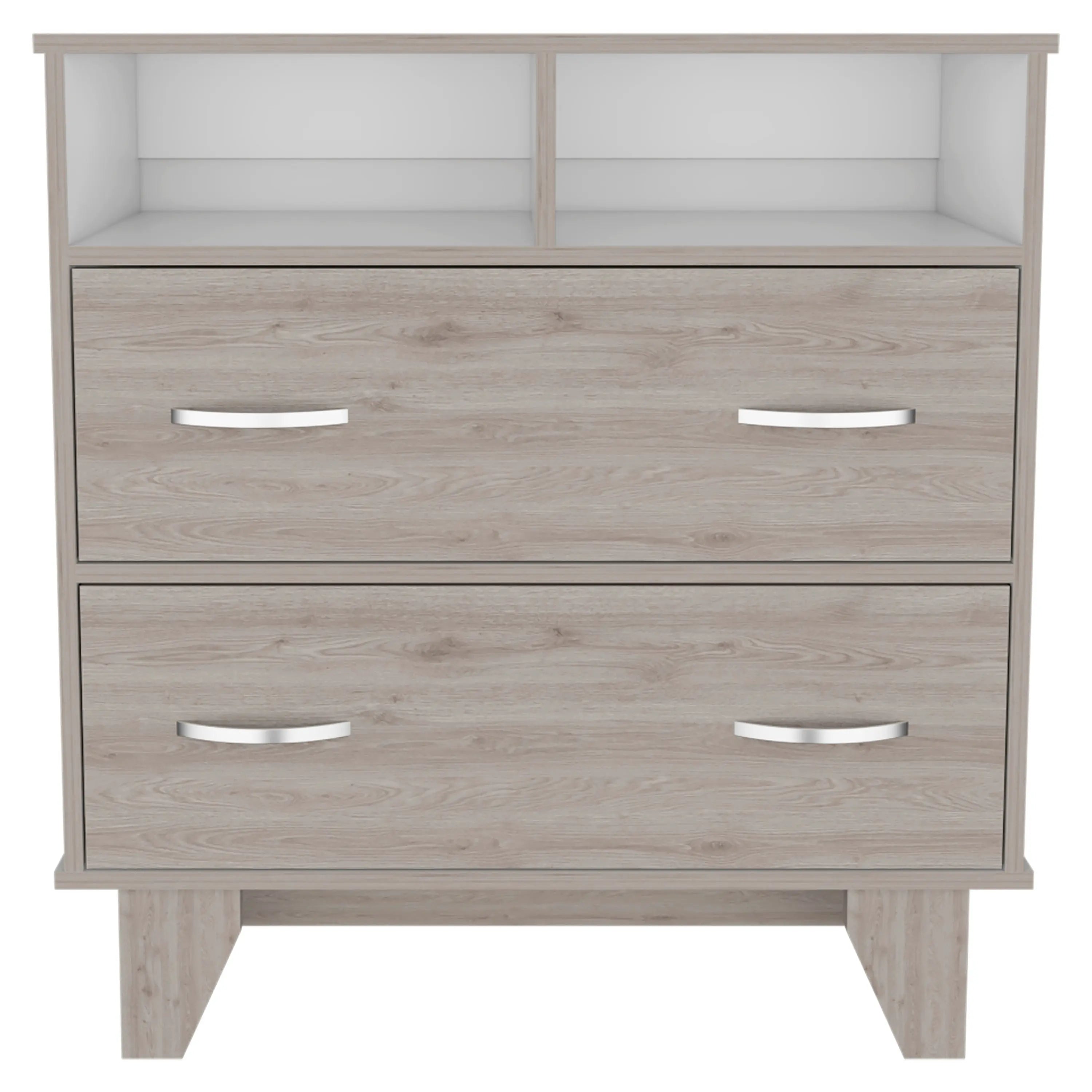 32" Light Gray Two Drawer Dresser With Open Shelving Homeroots Bed & Bath