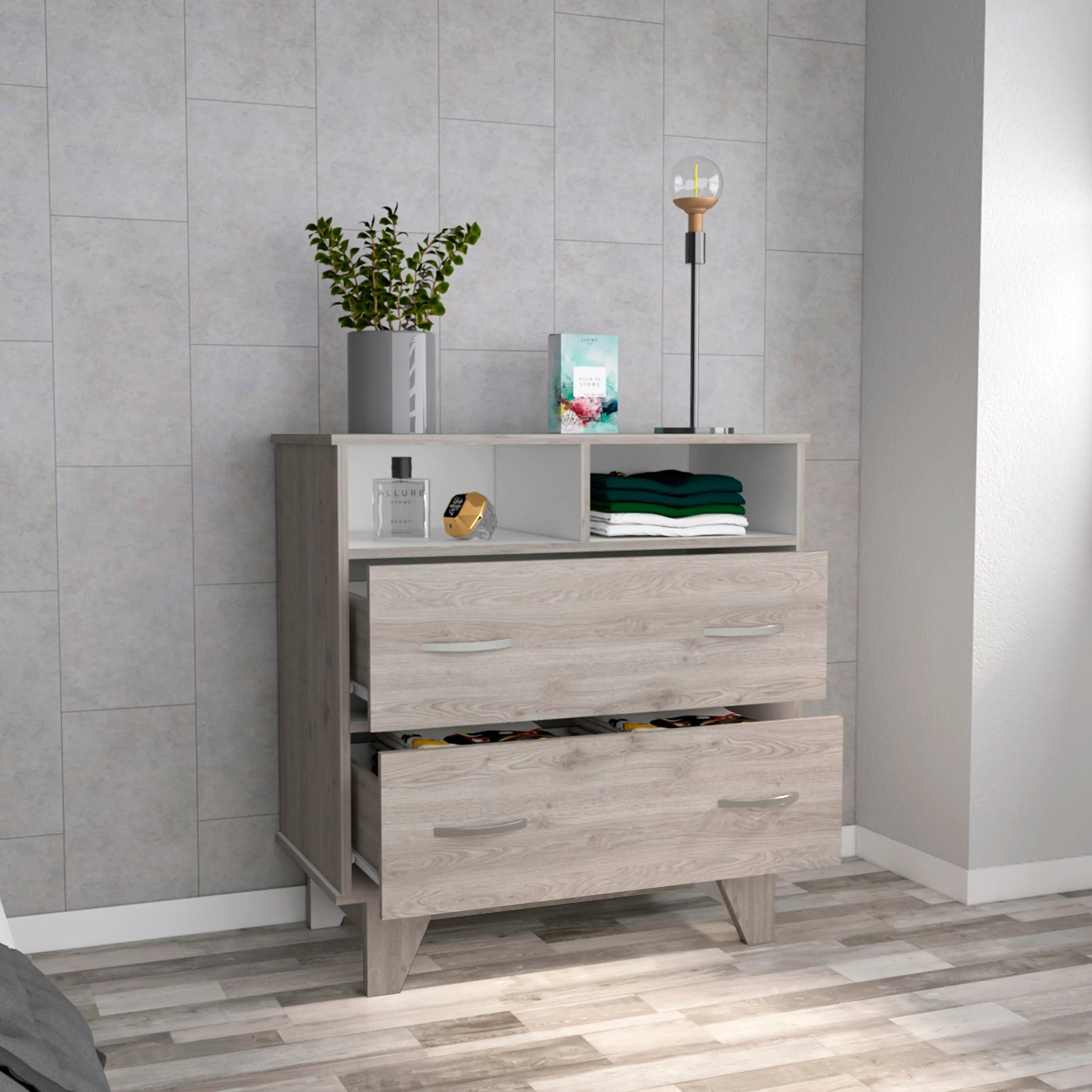 32" Light Gray Two Drawer Dresser With Open Shelving Homeroots Bed & Bath
