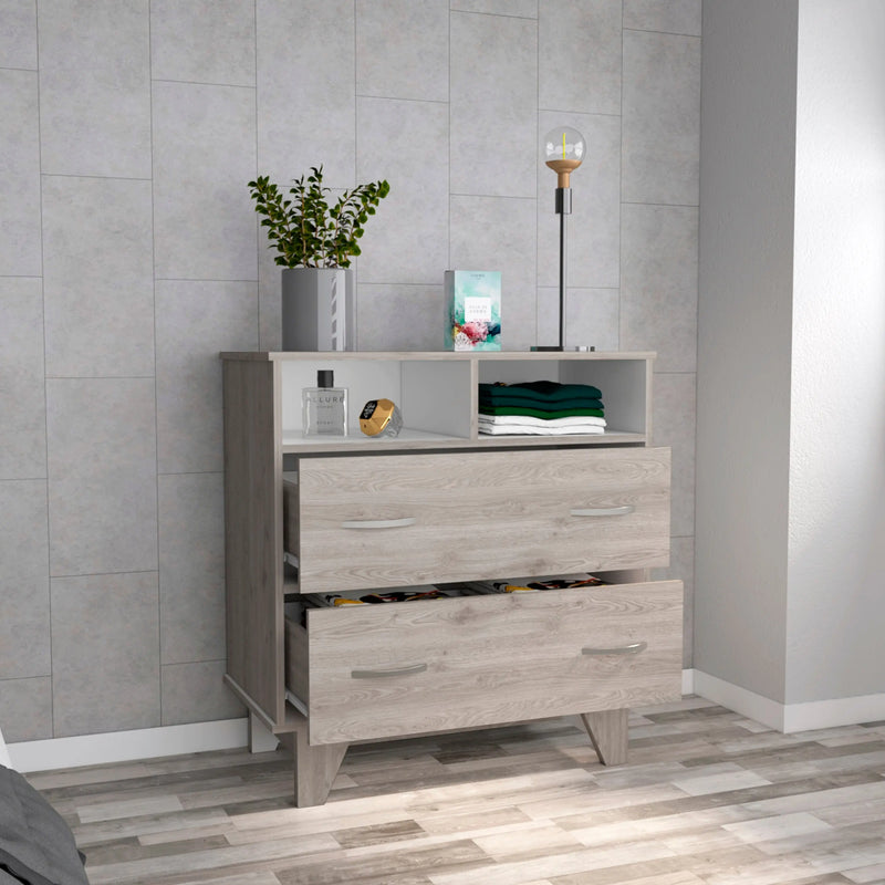 32" Light Gray Two Drawer Dresser With Open Shelving Homeroots Bed & Bath
