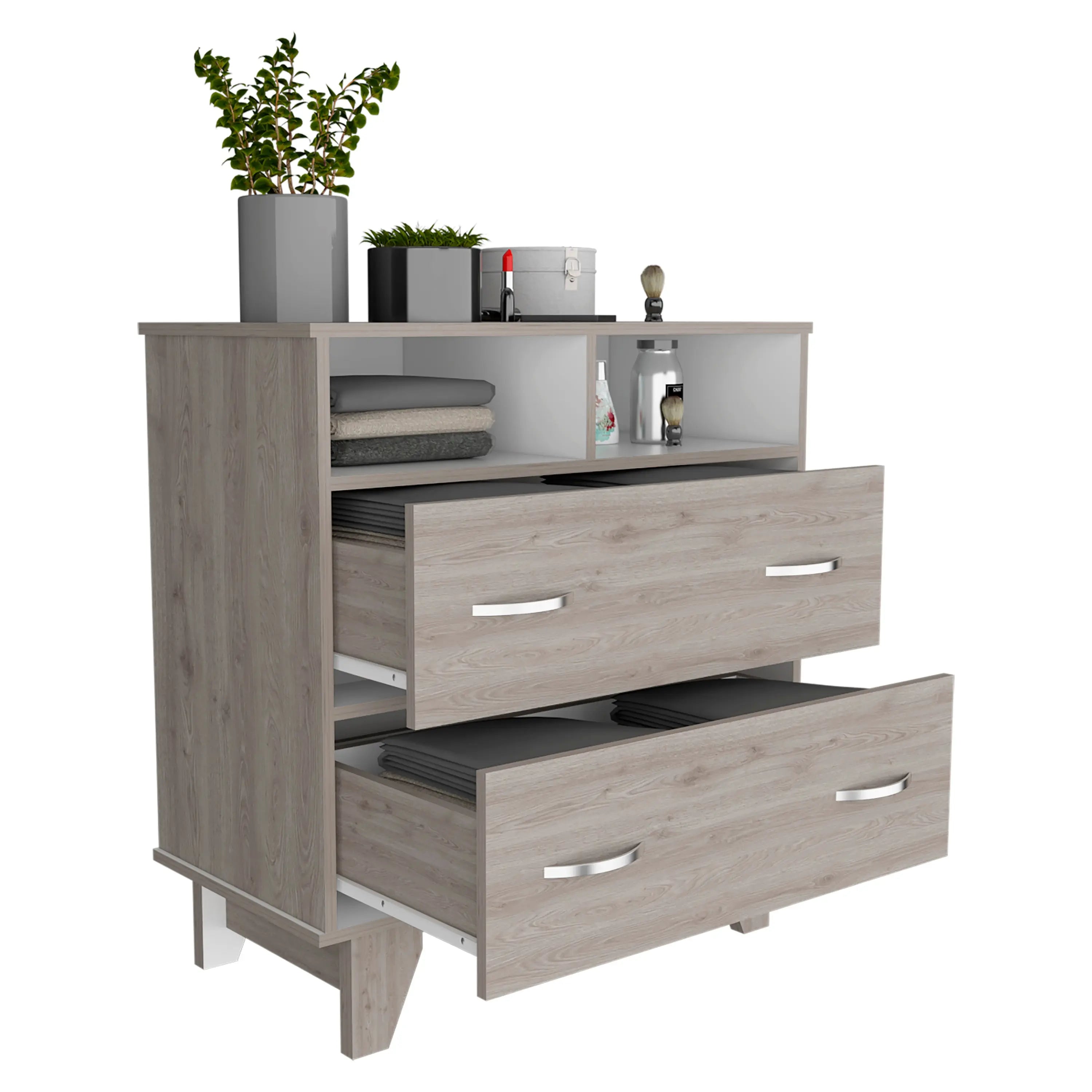 32" Light Gray Two Drawer Dresser With Open Shelving Homeroots Bed & Bath