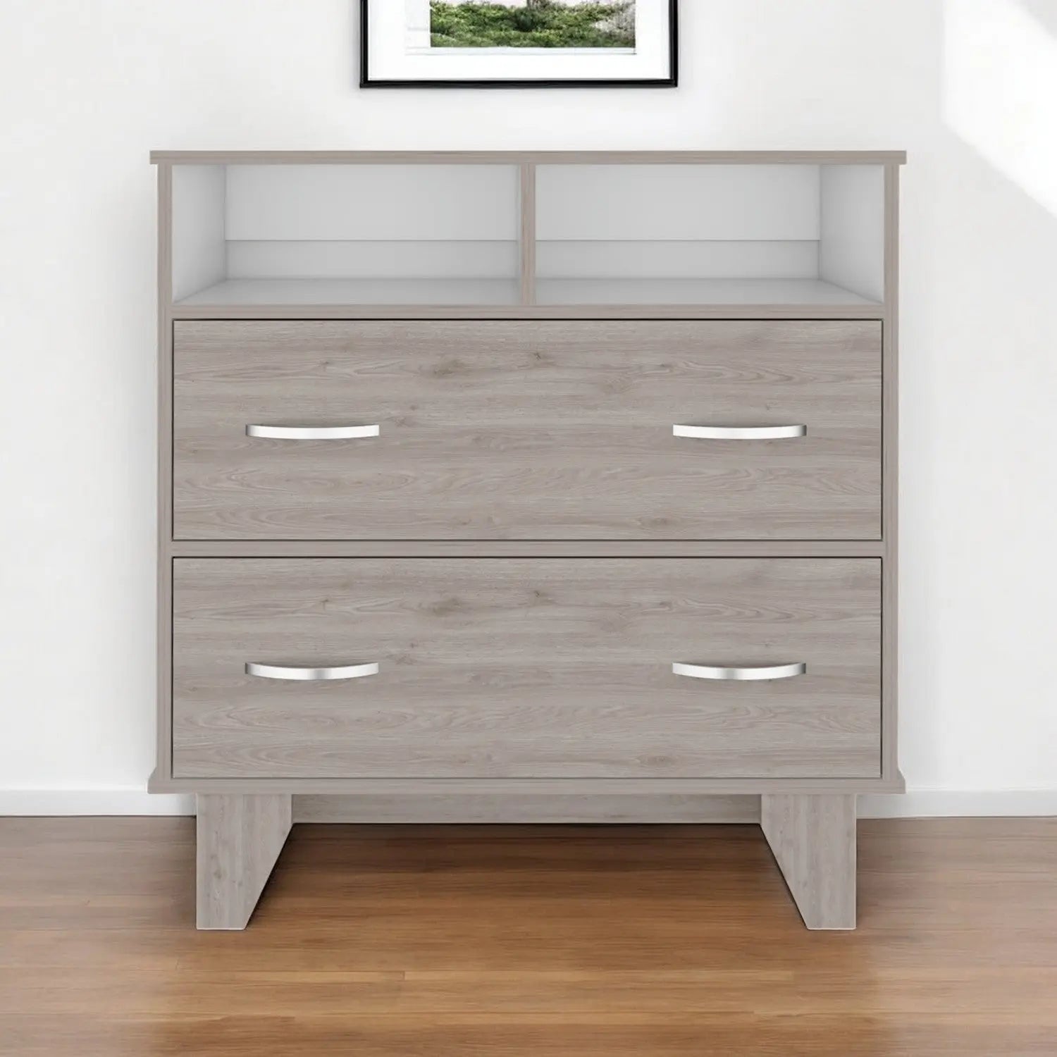32" Light Gray Two Drawer Dresser With Open Shelving Homeroots Bed & Bath