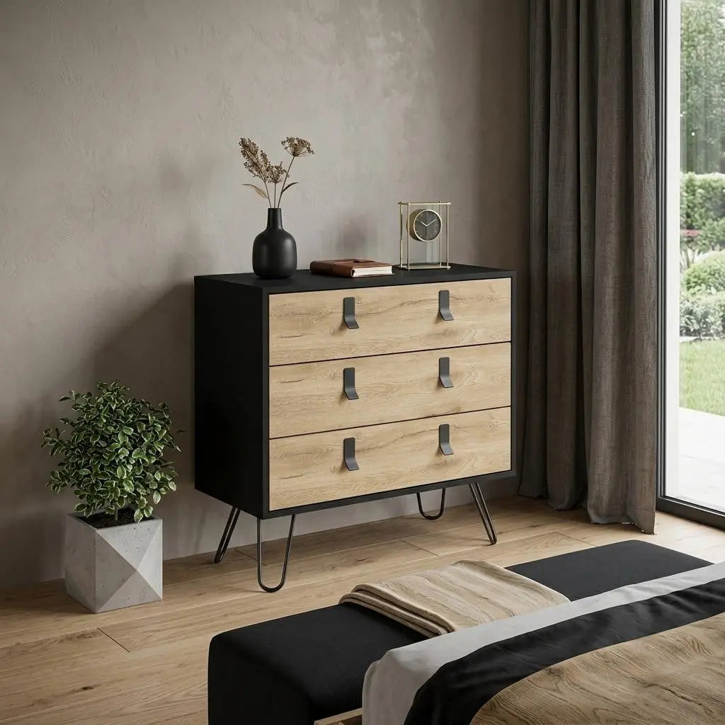 32" Natural and Black Three Drawer Dresser Homeroots Bed & Bath
