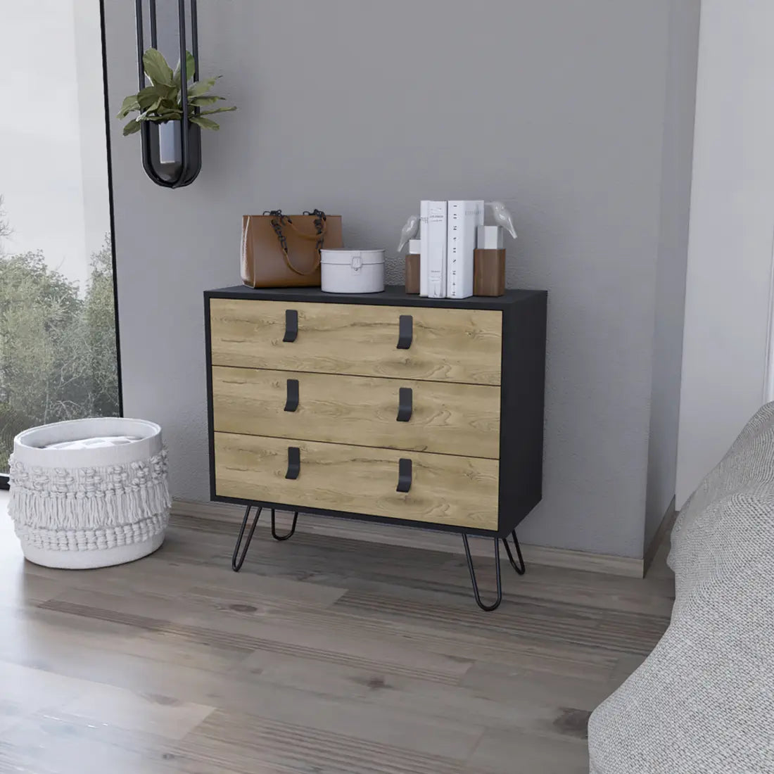 32" Natural and Black Three Drawer Dresser Homeroots Bed & Bath