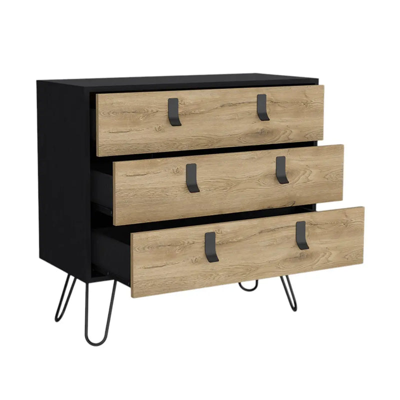 32" Natural and Black Three Drawer Dresser Homeroots Bed & Bath
