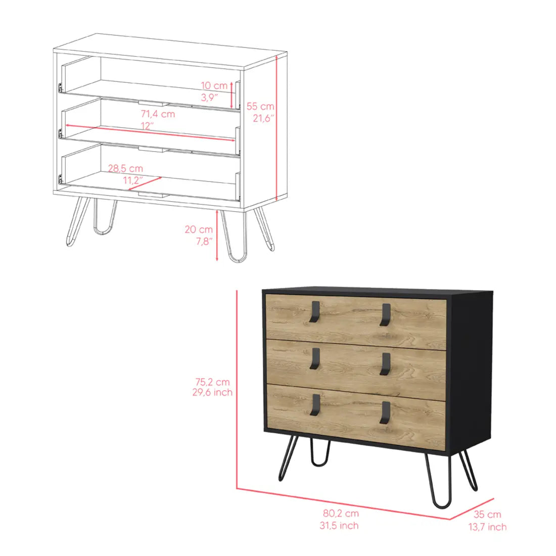 32" Natural and Black Three Drawer Dresser Homeroots Bed & Bath