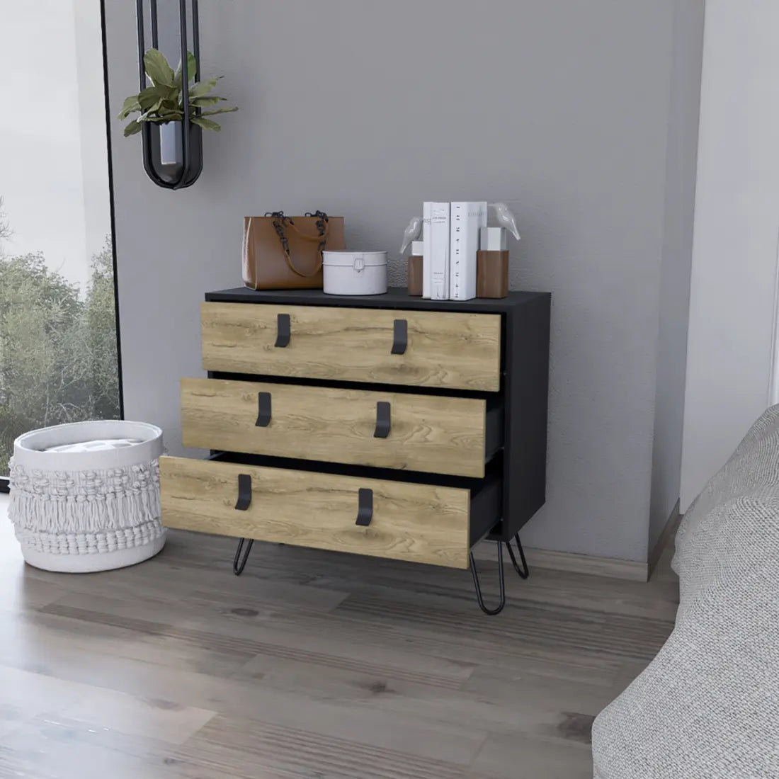 32" Natural and Black Three Drawer Dresser Homeroots Bed & Bath