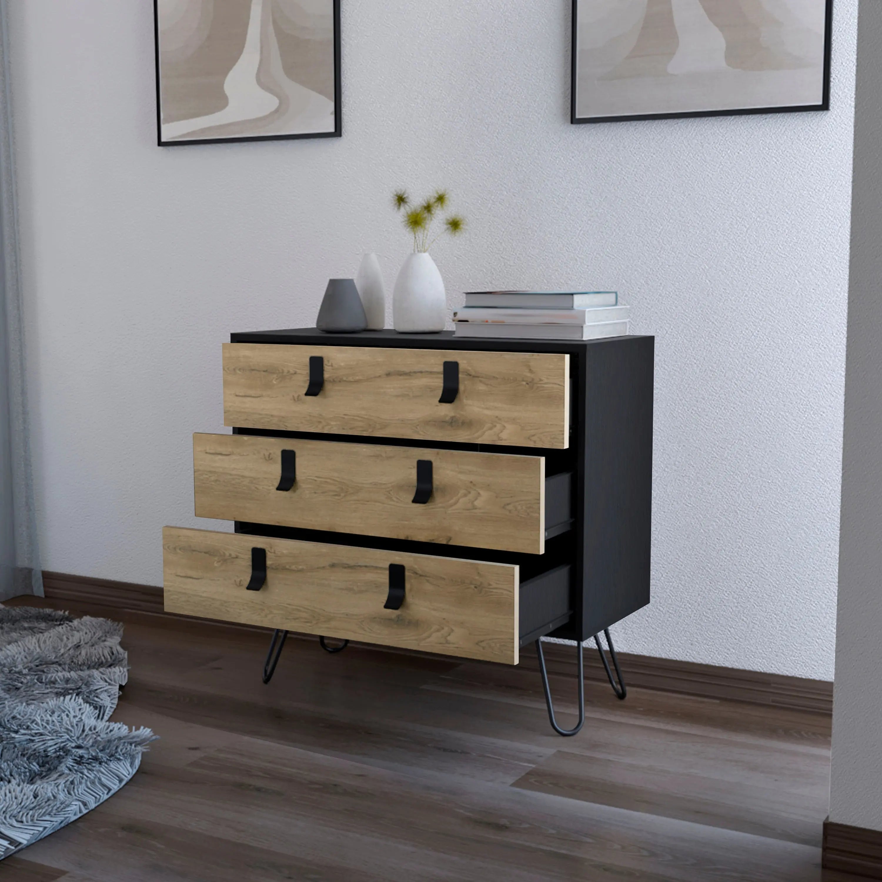32" Natural and Black Three Drawer Dresser Homeroots Bed & Bath