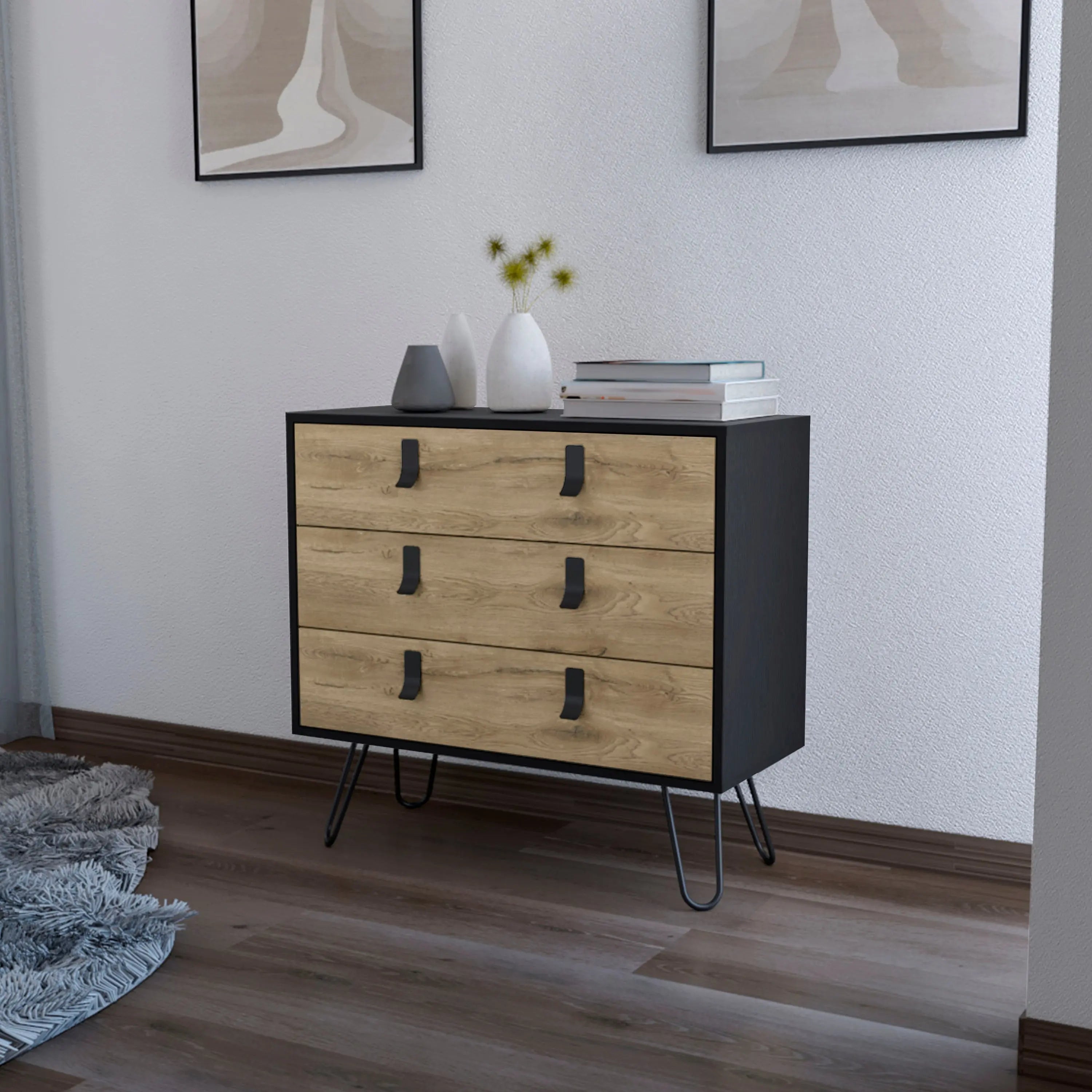 32" Natural and Black Three Drawer Dresser Homeroots Bed & Bath