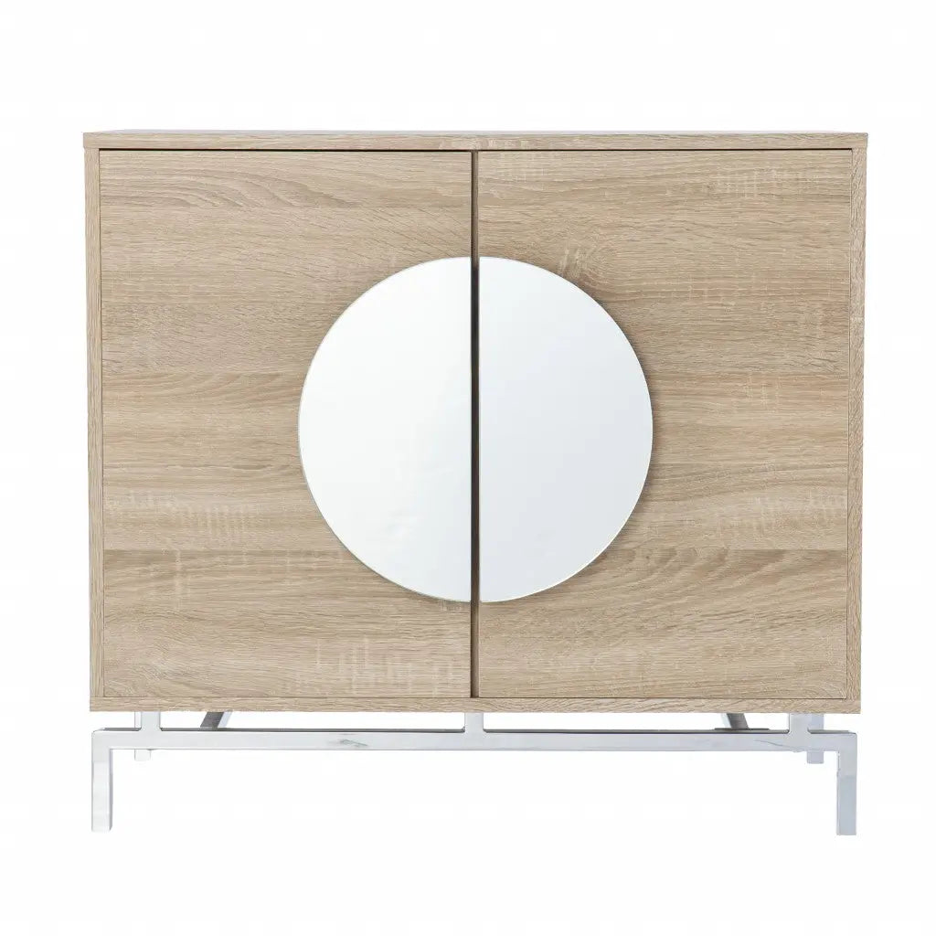 32" Natural and Chrome Mirrored Circle Double Door Bar Cabinet Homeroots Kitchen & Dining