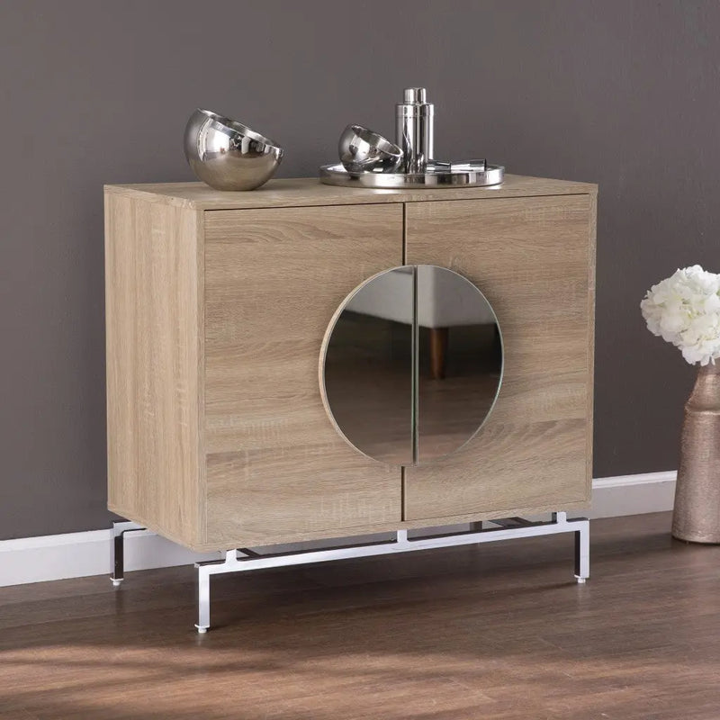 32" Natural and Chrome Mirrored Circle Double Door Bar Cabinet Homeroots Kitchen & Dining