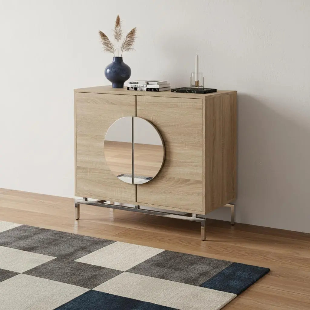 32" Natural and Chrome Mirrored Circle Double Door Bar Cabinet Homeroots Kitchen & Dining