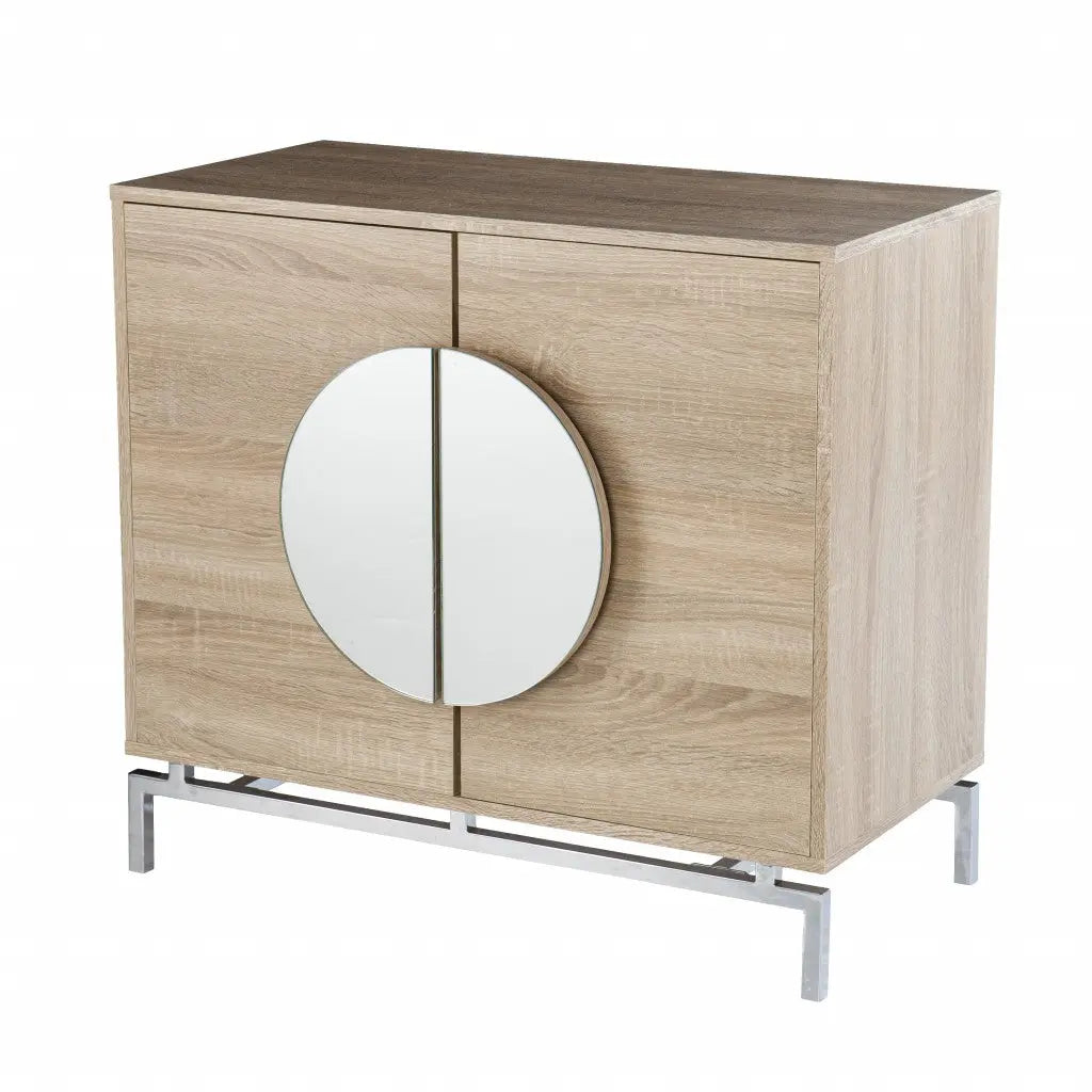 32" Natural and Chrome Mirrored Circle Double Door Bar Cabinet Homeroots Kitchen & Dining